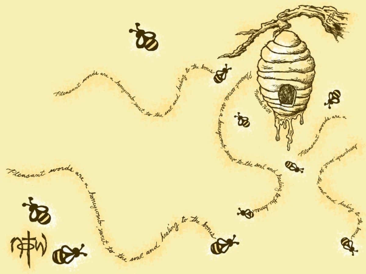 Aesthetic Bee 桌布 壁紙 — 淡黃色背景上手繪的蜜蜂和蜂巢，帶有旋轉的手寫文字。