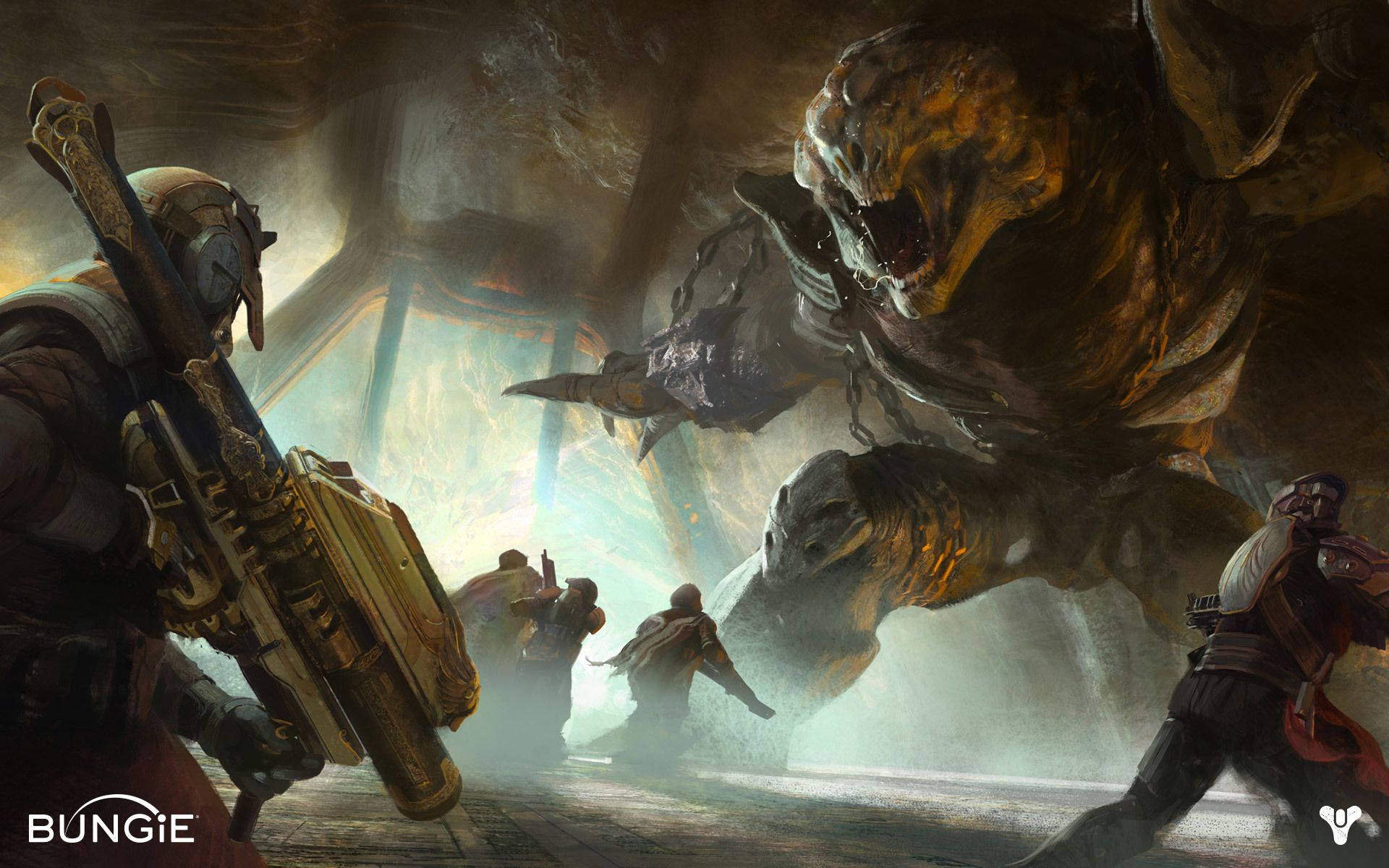 深入《Destiny 2：Shadowkeep》擴充內容，探索全新 MMO 特色！ 壁紙 — 一群身穿盔甲的戰士在光線昏暗的洞穴大廳中面對一頭巨大的咆哮野獸。