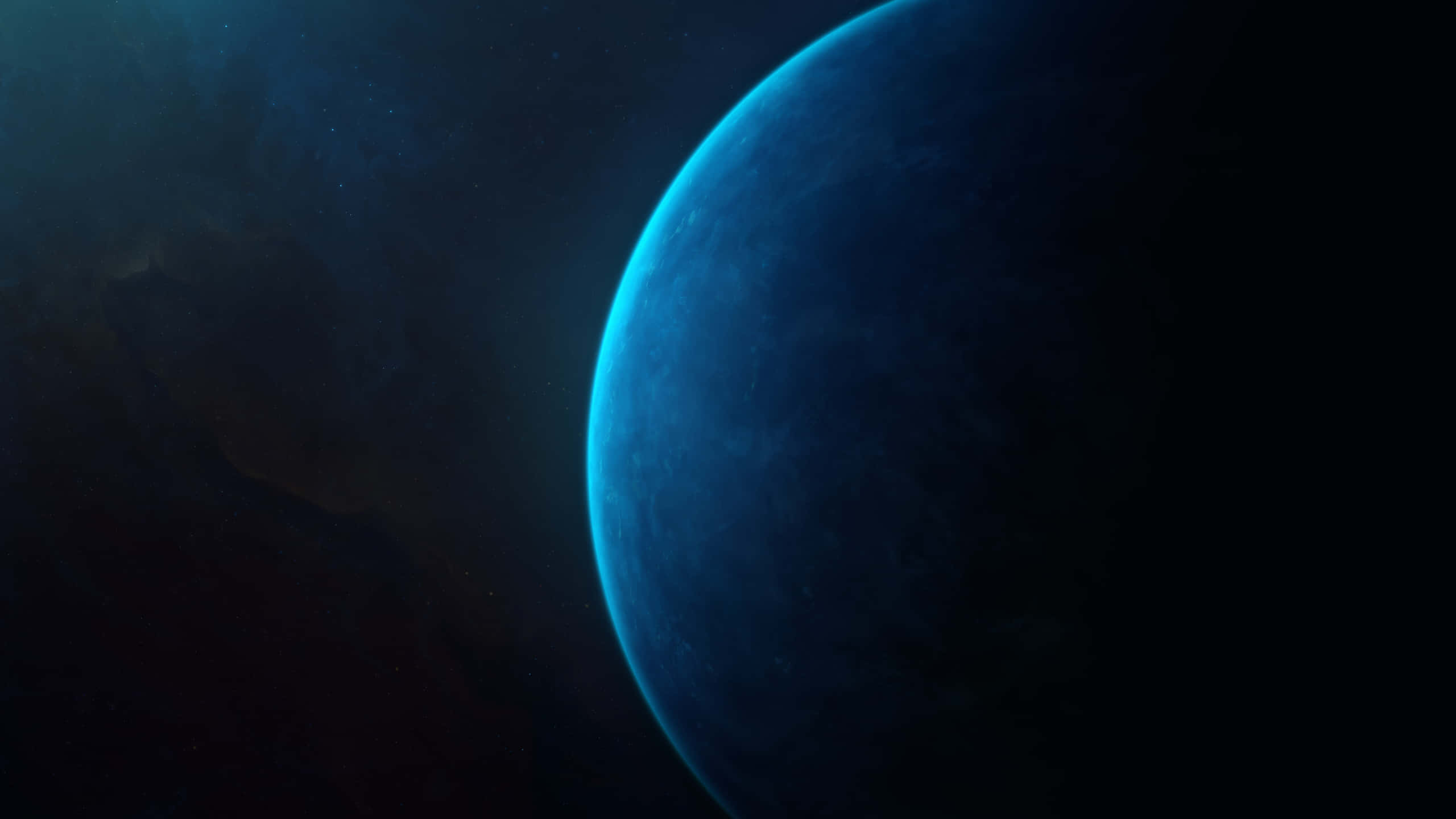 深入寧靜與平和的深藍色調 壁紙 — 一顆發光的藍色行星在佈滿星星的宇宙虛空中彎曲，帶有深邃陰影和微妙的大氣薄霧。