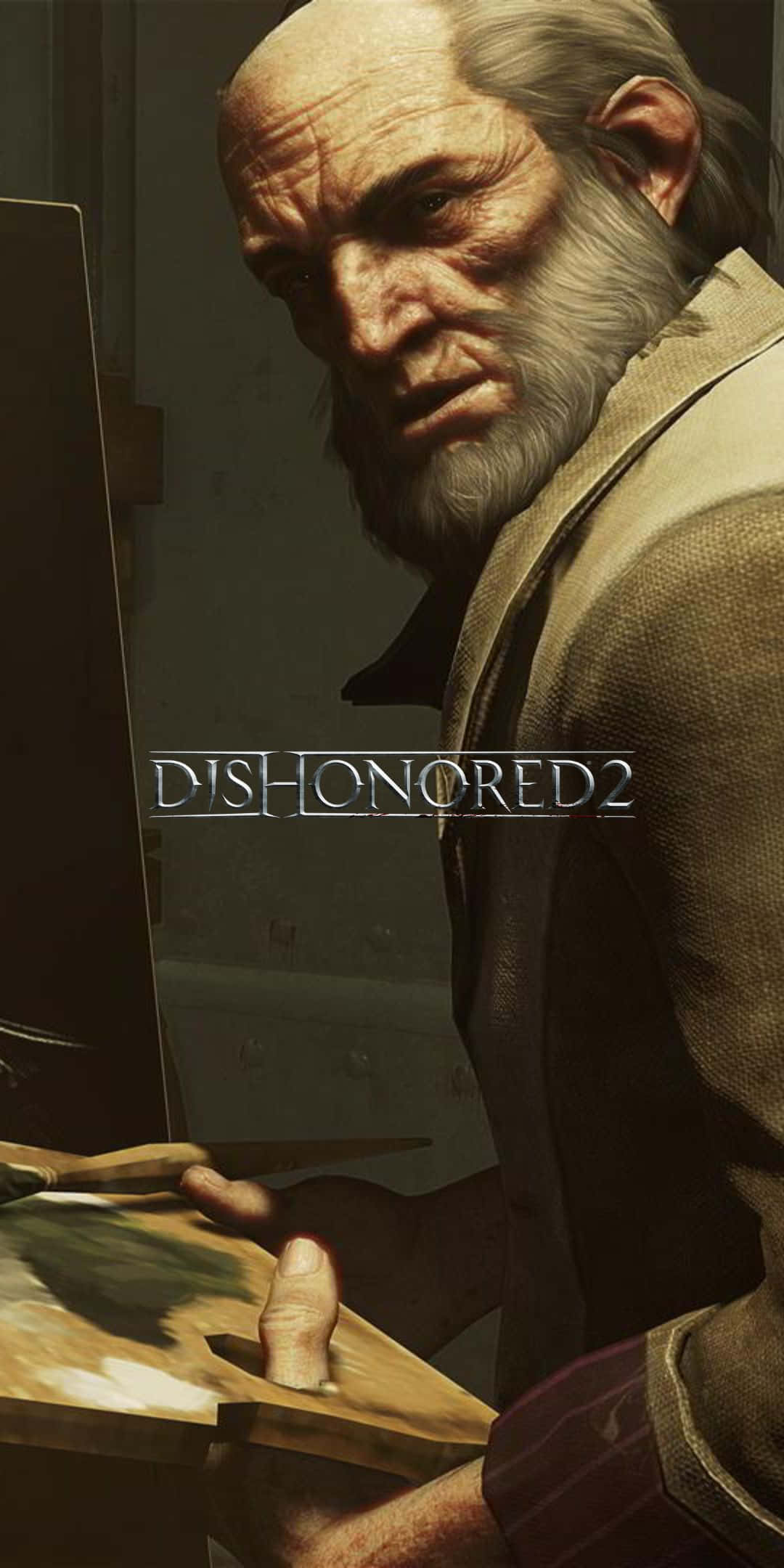 深入探索《Dishonored 2》的宏大世界，盡在 Pixel 3 壁紙 — 一位白鬍鬚的灰白頭髮老畫家在昏暗的工作室裡拿著調色板和畫筆。