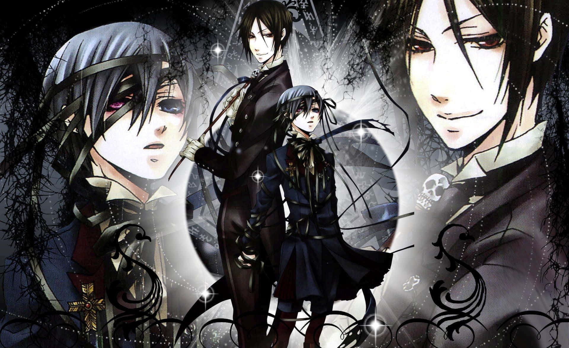 深入探索你最愛的《黑執事》角色 壁紙 — 四個身穿暗黑哥德式服裝的動漫角色，在陰暗背景下，立於旋轉的黑藤蔓和發光粒子之中。