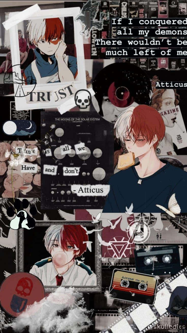 深入探索動漫的魔法世界 壁紙 — 一幅充滿活力的動漫拼貼畫， featuring 紅髮角色、卡式錄音帶、骷髏頭和詩意文字，呈現層次豐富的懷舊美學。