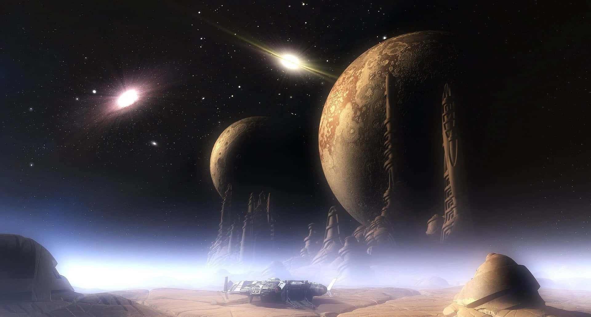 深入探索未知深淵 壁紙 — 一艘孤獨的太空船停泊在沙漠星球上，星空中有兩個巨大的月亮和發光的天體。