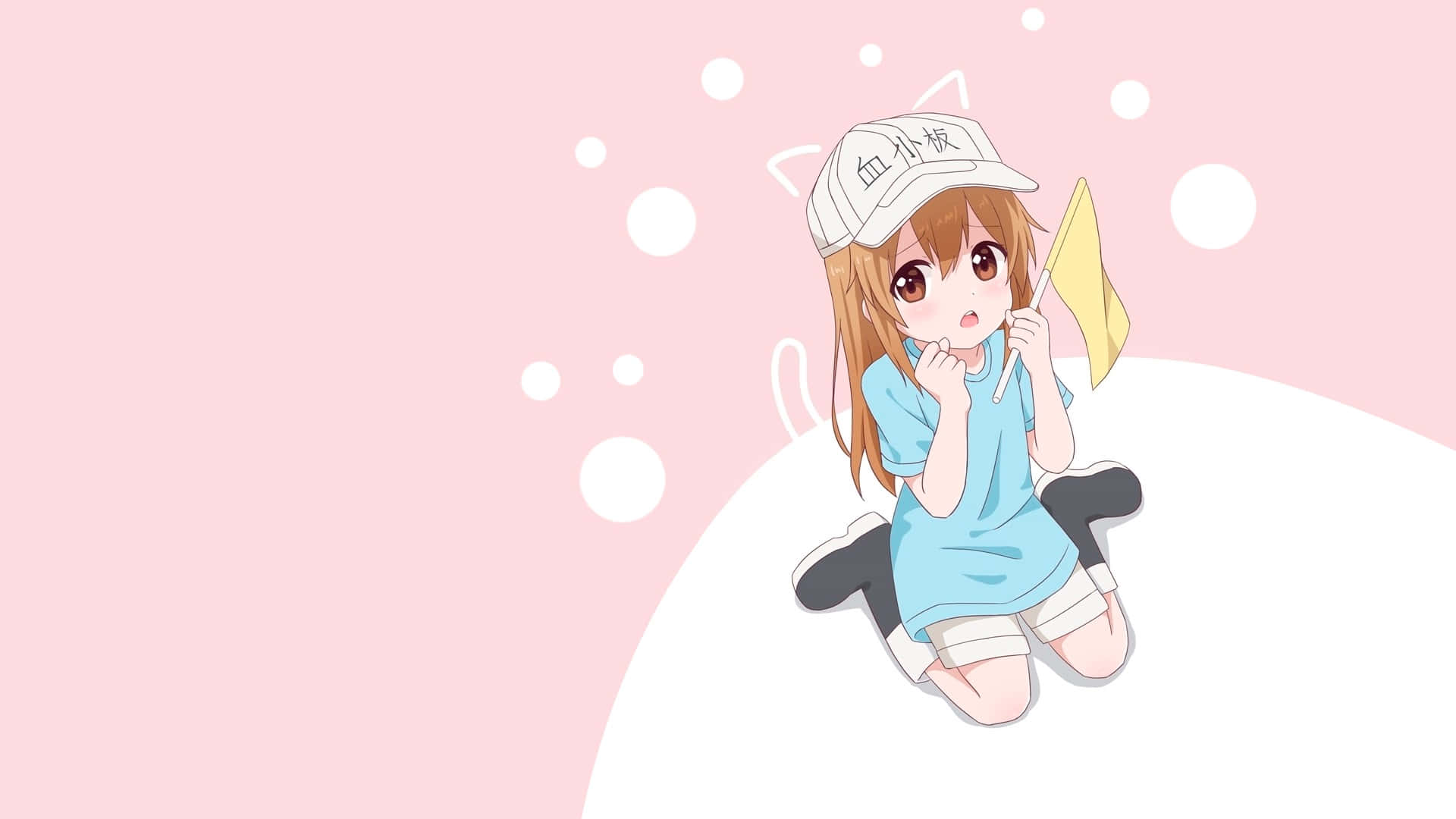 深入觀察人體內部的細節 壁紙 — 一個可愛的動漫女孩，棕色頭髮，戴著貓耳帽，坐在白雲上，拿著黃色旗幟，背景是柔和的粉紅色，有漂浮的泡泡。