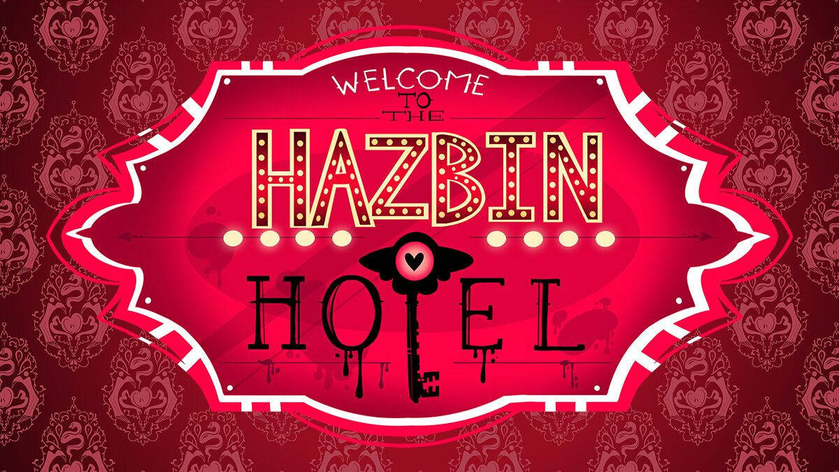 歡迎來到 Hazbin Hotel 標誌，帶有發光字母和滴落的鑰匙。