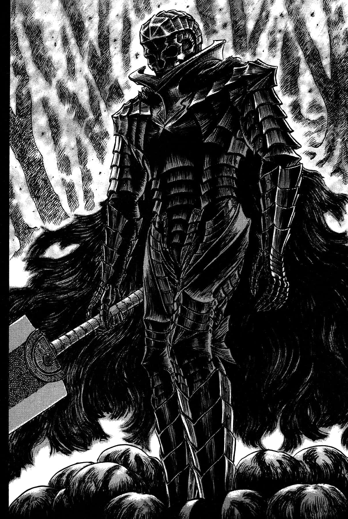一個 dark 裝甲戰士在 fiery 背景下持劍。