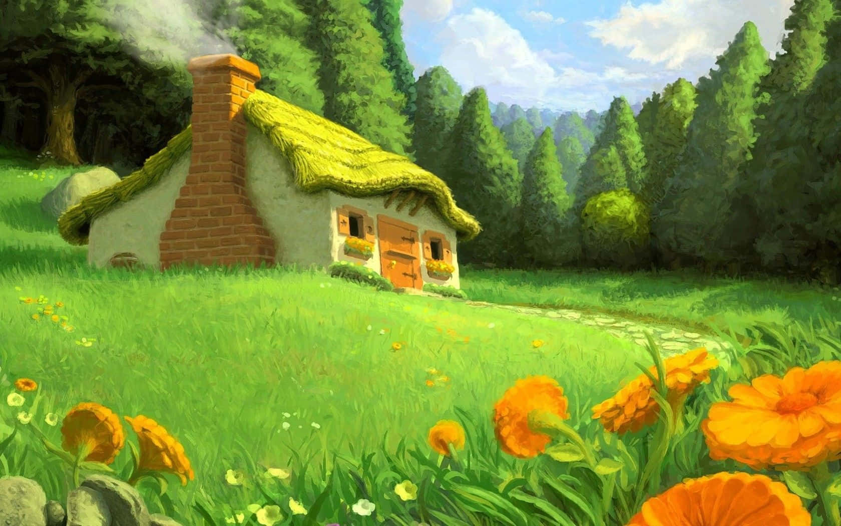 深呼吸，探索美麗的動畫森林 壁紙 — 一間舒適的茅草屋坐落在陽光明媚的草地上，周圍有鮮豔的橙色花朵和高聳的綠樹，頭頂是明亮的藍天。