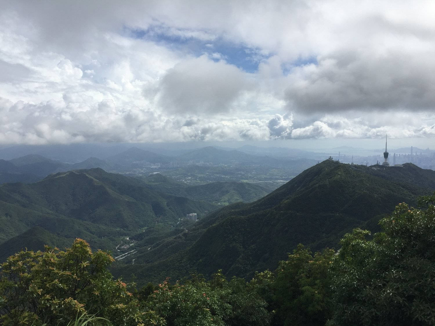 深圳梧桐山 壁紙 — 從鬱鬱蔥蔥的綠色山脊俯瞰廣闊的城市景觀，在戲劇性的多雲天空下。
