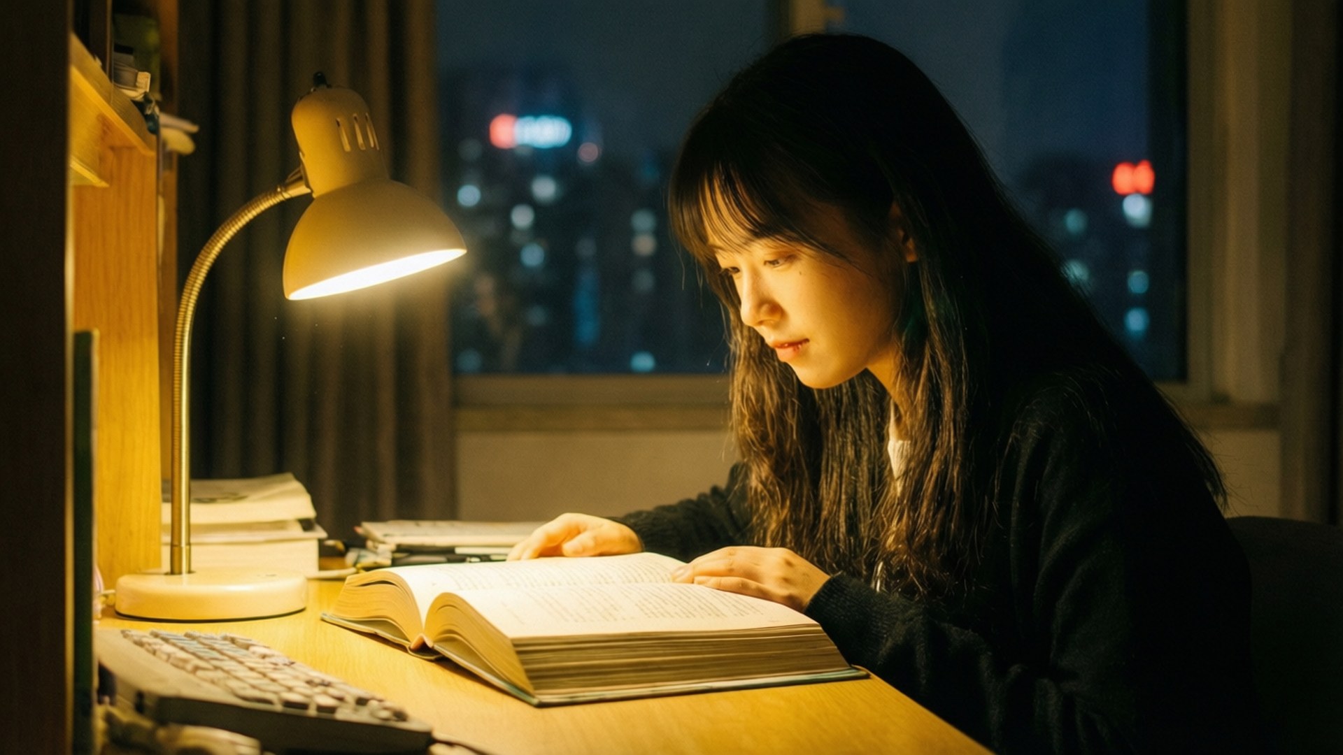 年輕女性夜間在窗邊看書，窗外有城市燈光。