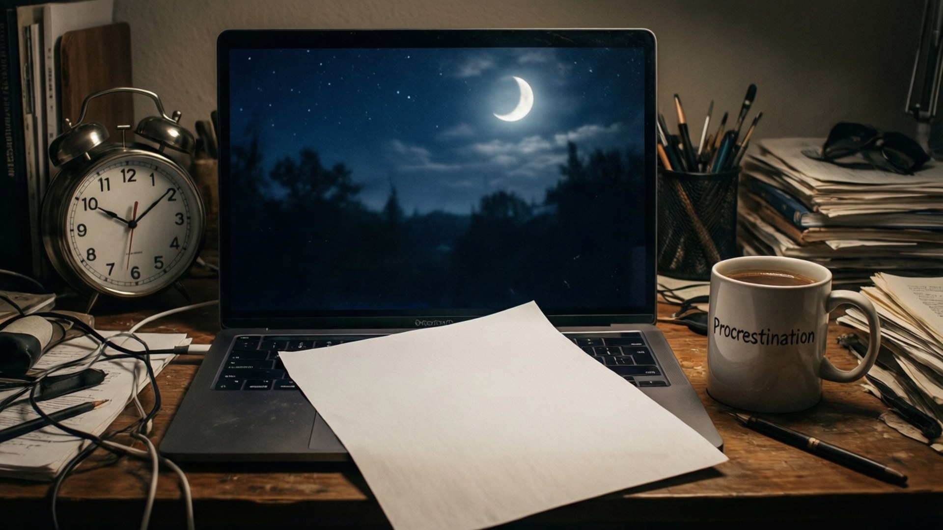 深夜拖延桌面 壁紙 — 夜晚雜亂的木桌上，有顯示新月天空的筆記型電腦、標有拖延症的咖啡杯，以及顯示深夜的指針時鐘。