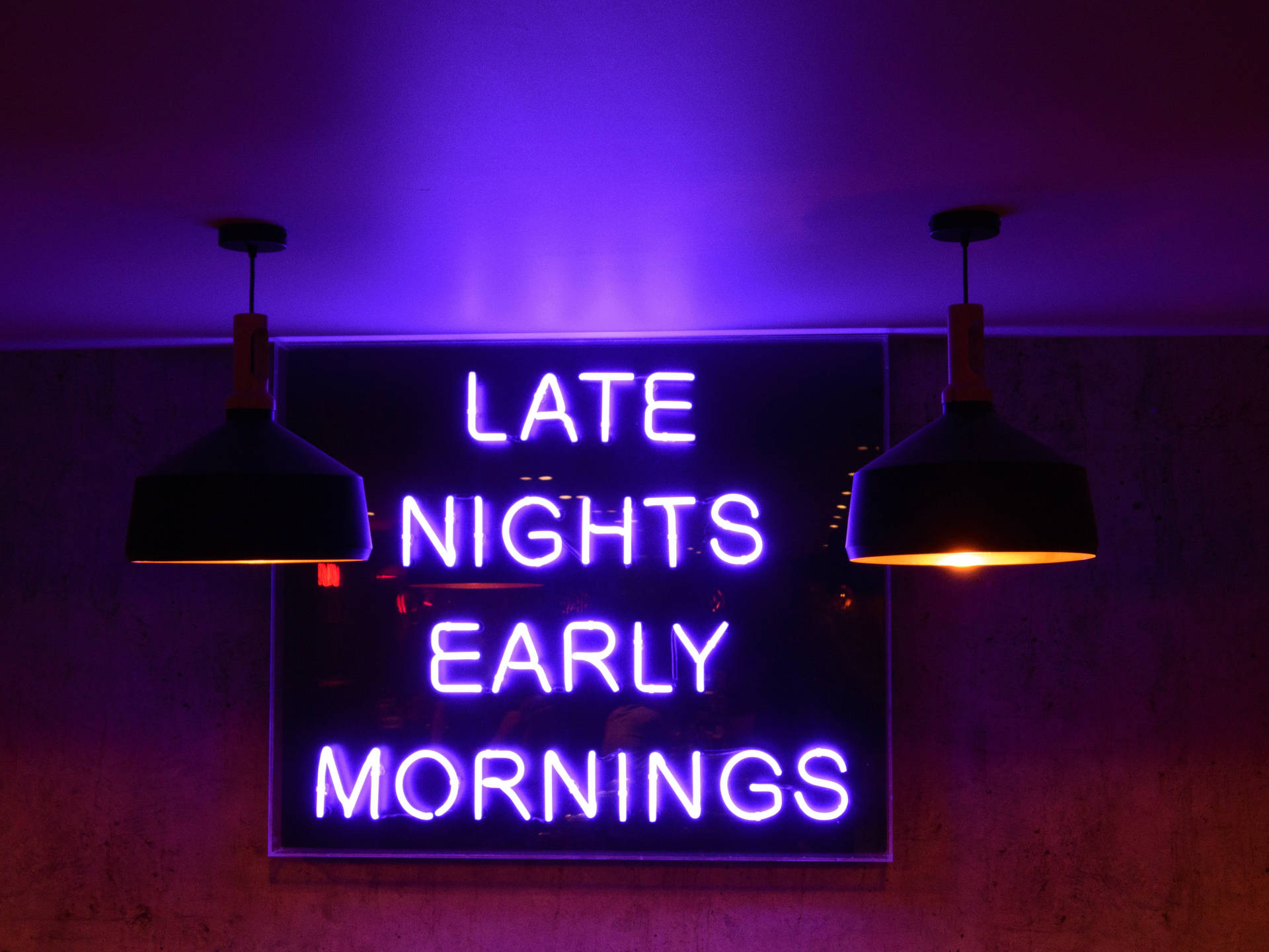 紫色霓虹燈牌，上面寫著「late nights early mornings」，位於兩盞吊燈之間。