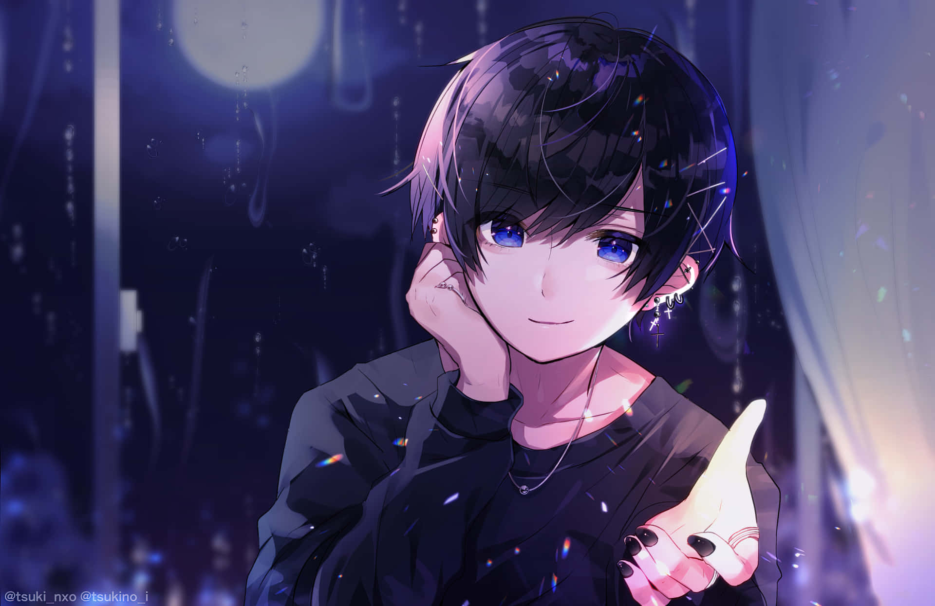 藍眼睛的動漫男孩在雨夜中微笑，周圍閃爍著發光的火花。