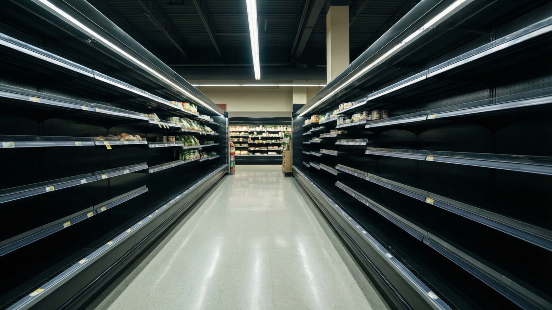 深夜空曠貨架 壁紙 — 長長的空蕩蕩超市通道，帶有深色貨架和頭頂明亮的螢光燈。