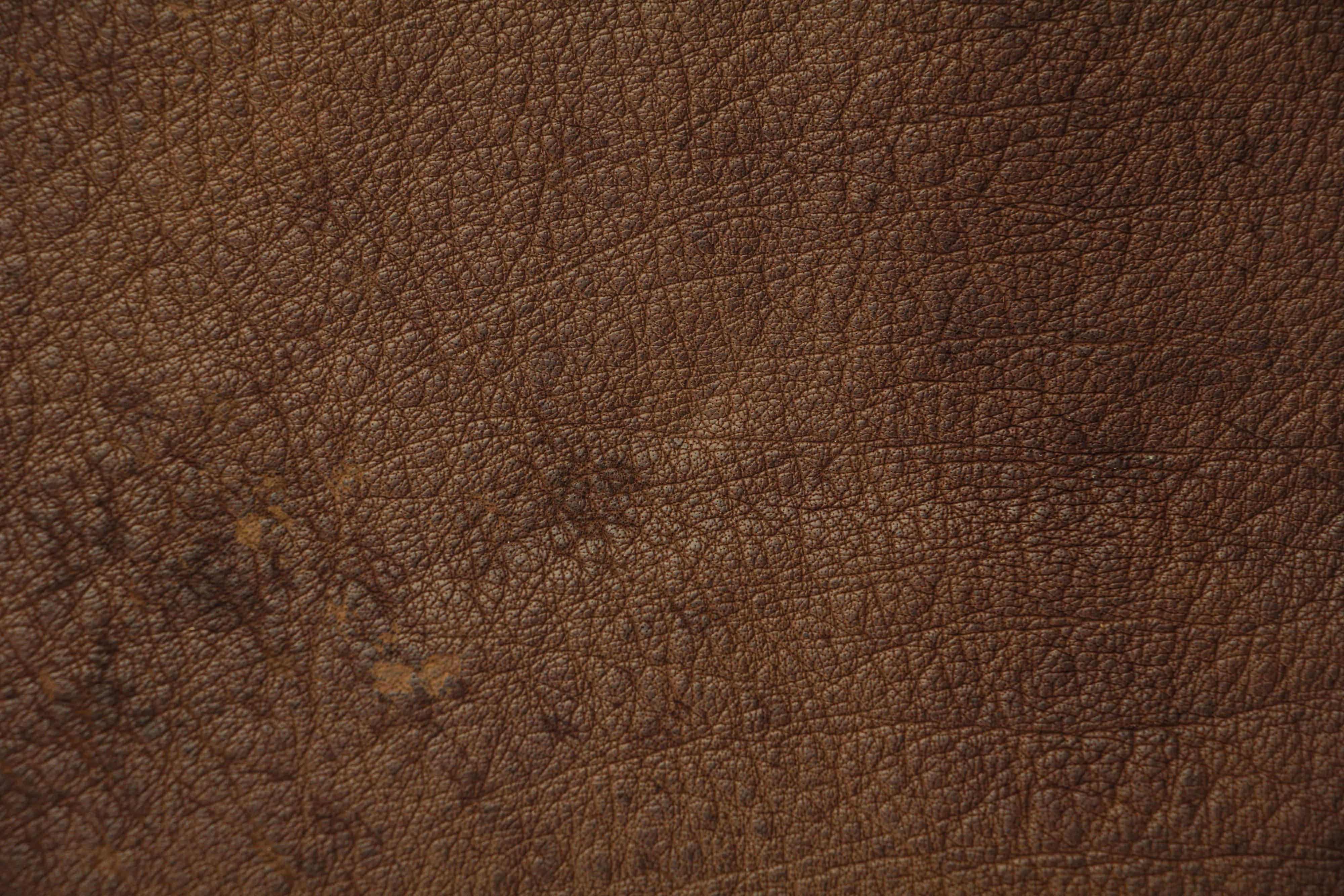 Brown Leather 桌布 壁紙 — 深棕色皮革的微距特寫，展現天然粒面紋理和細微磨損痕跡。