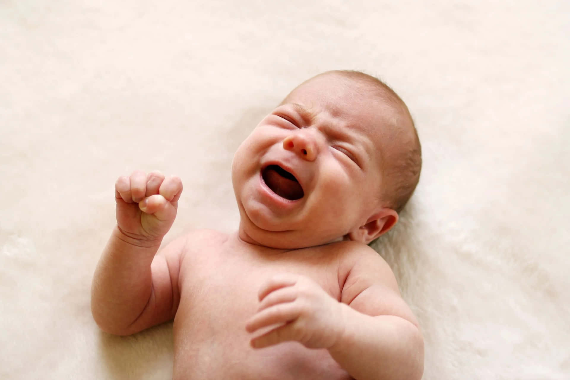 一個在白色毯子上握緊拳頭哭泣的新生嬰兒。