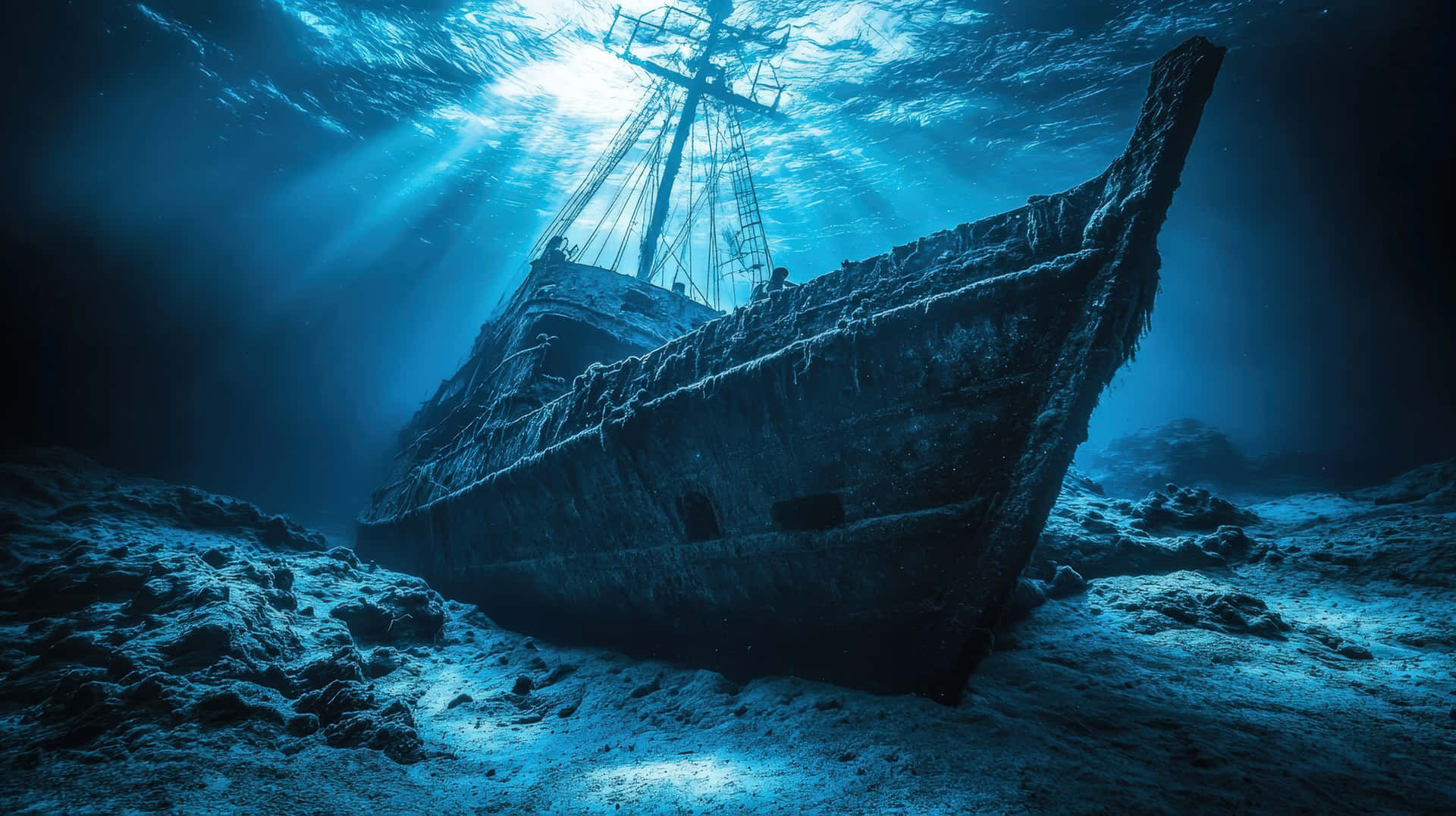 一艘沉沒的木製沉船躺在藍色海水下的沙質海底，有陽光穿透。