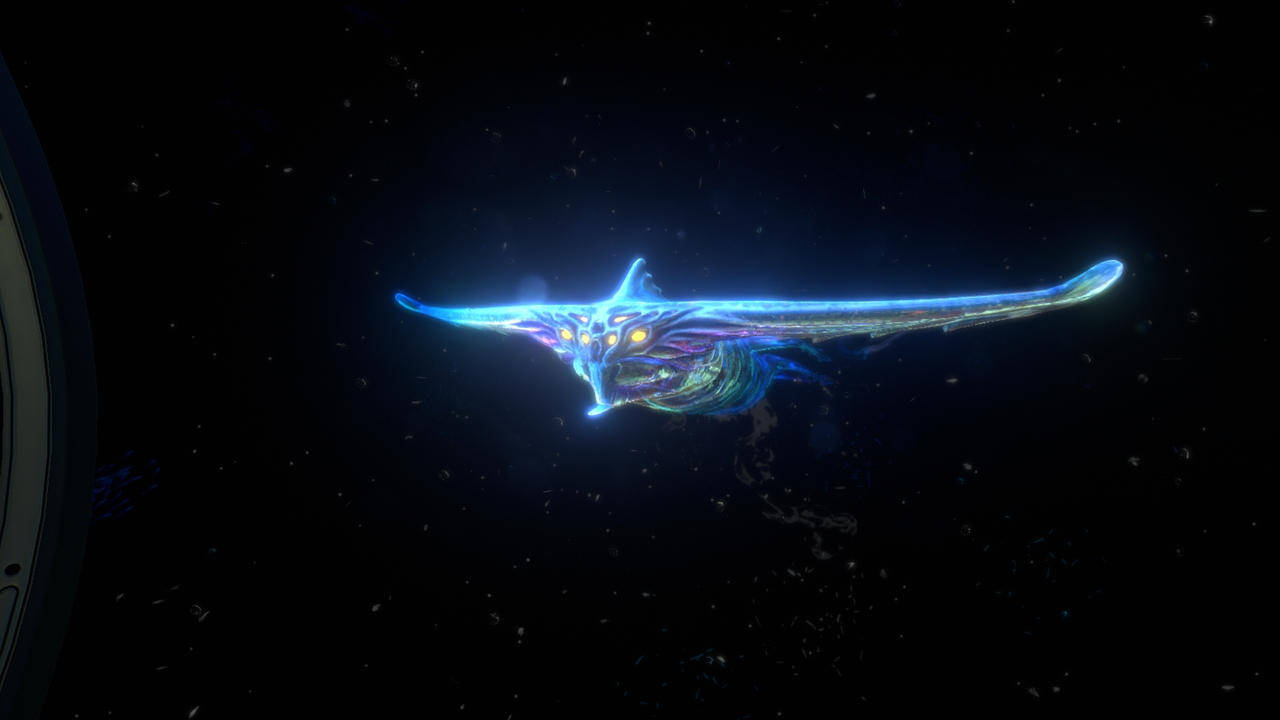 發光藍色外星蝠鱝，金色眼睛，在太空船附近的太空中游動。