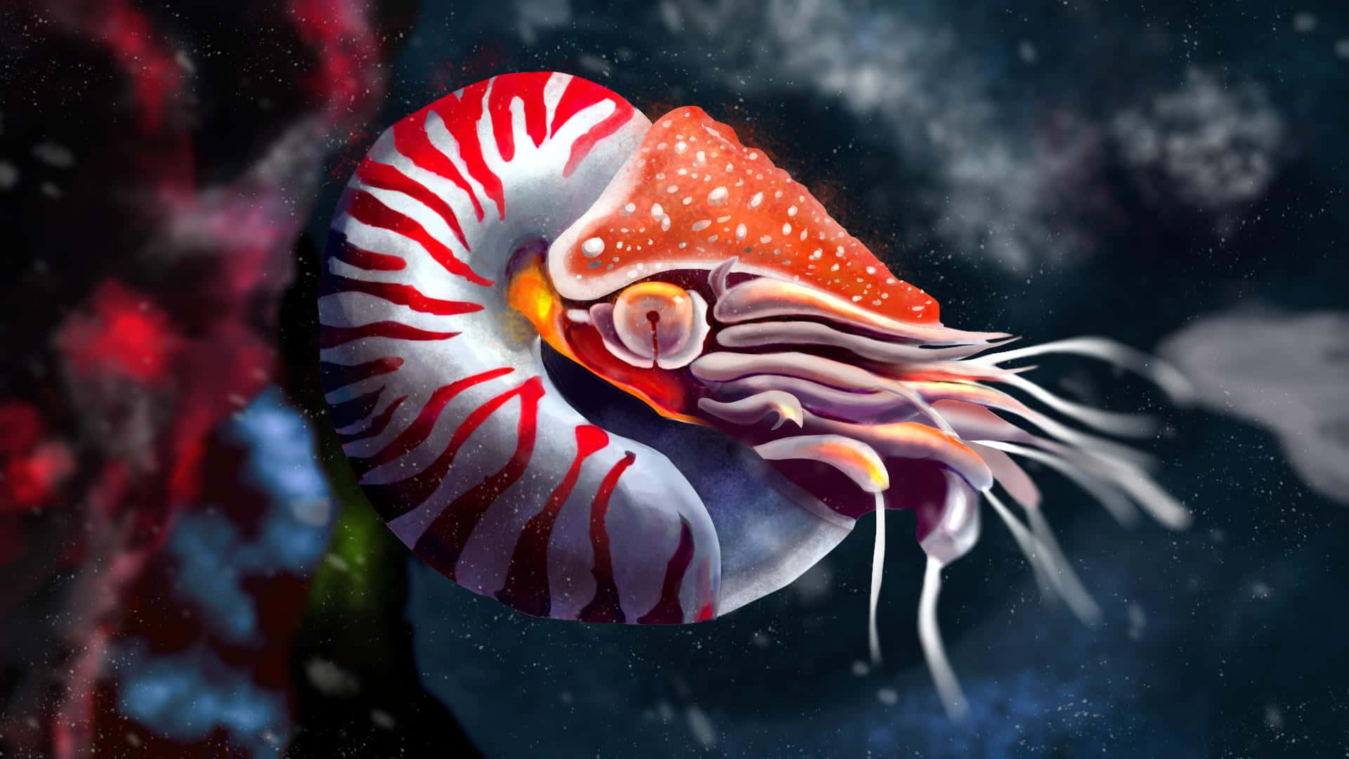 深海中的鸚鵡螺 壁紙 — 一隻鮮豔的紅白鸚鵡螺在黑暗的宇宙星雲中滑行，周圍有發光的粒子旋轉。