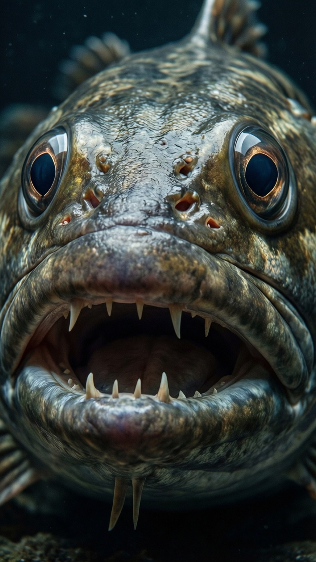 深海之面 壁紙 — 在黑暗的水下環境中，一條掠食性魚類張開大眼和露出尖牙的恐怖特寫。