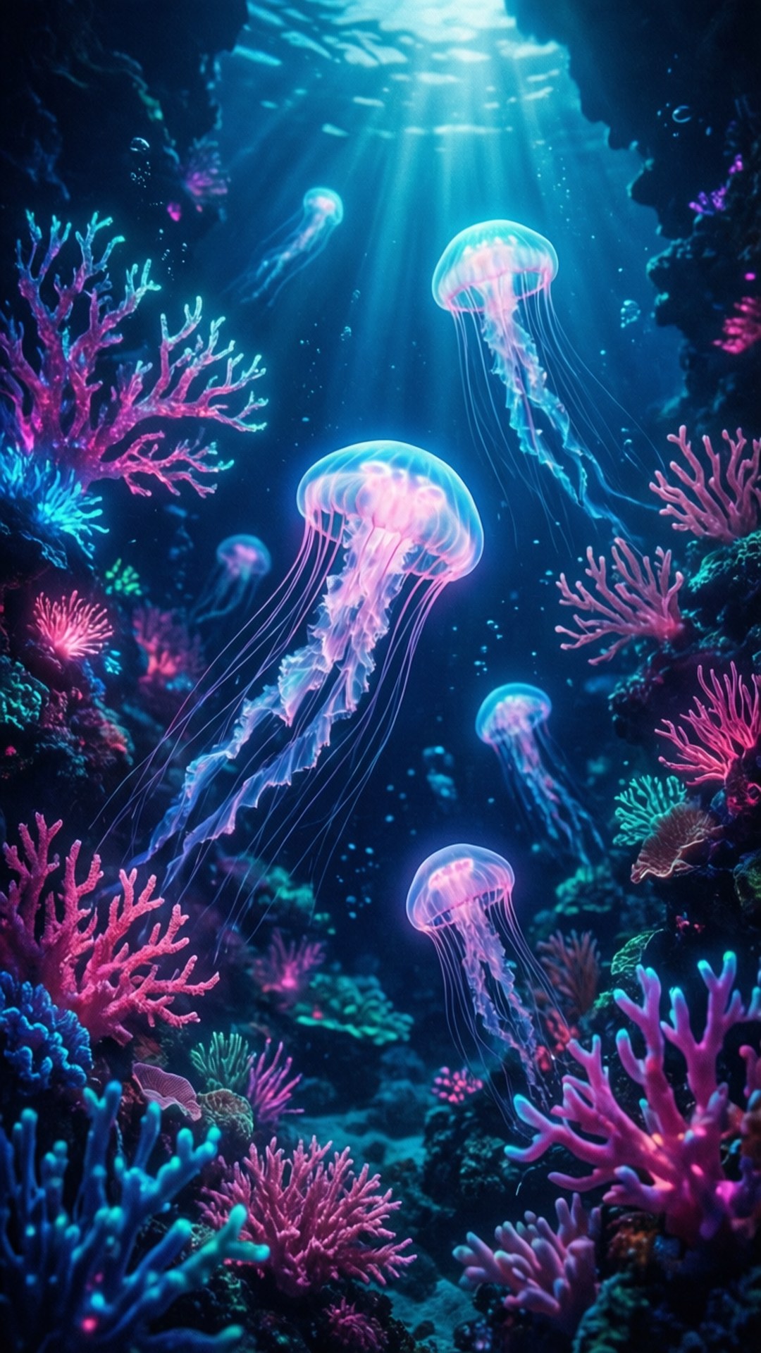 色彩繽紛的水母在深海場景中漂浮在發光的珊瑚之間。