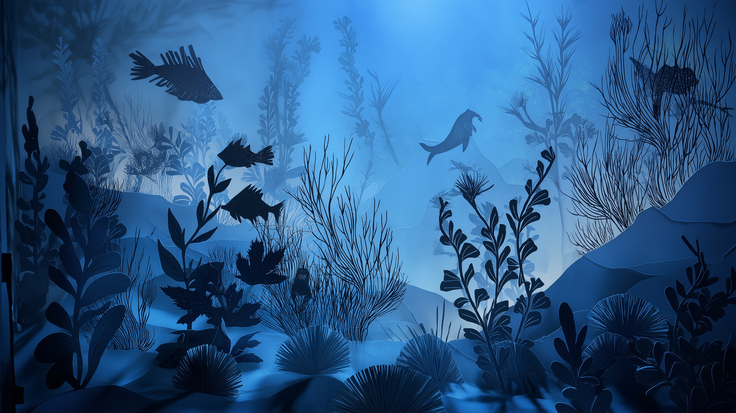 深海影子探秘 壁紙 — 剪影的魚和海藻在深藍色水下場景中漂浮，帶有分層紙藝紋理。
