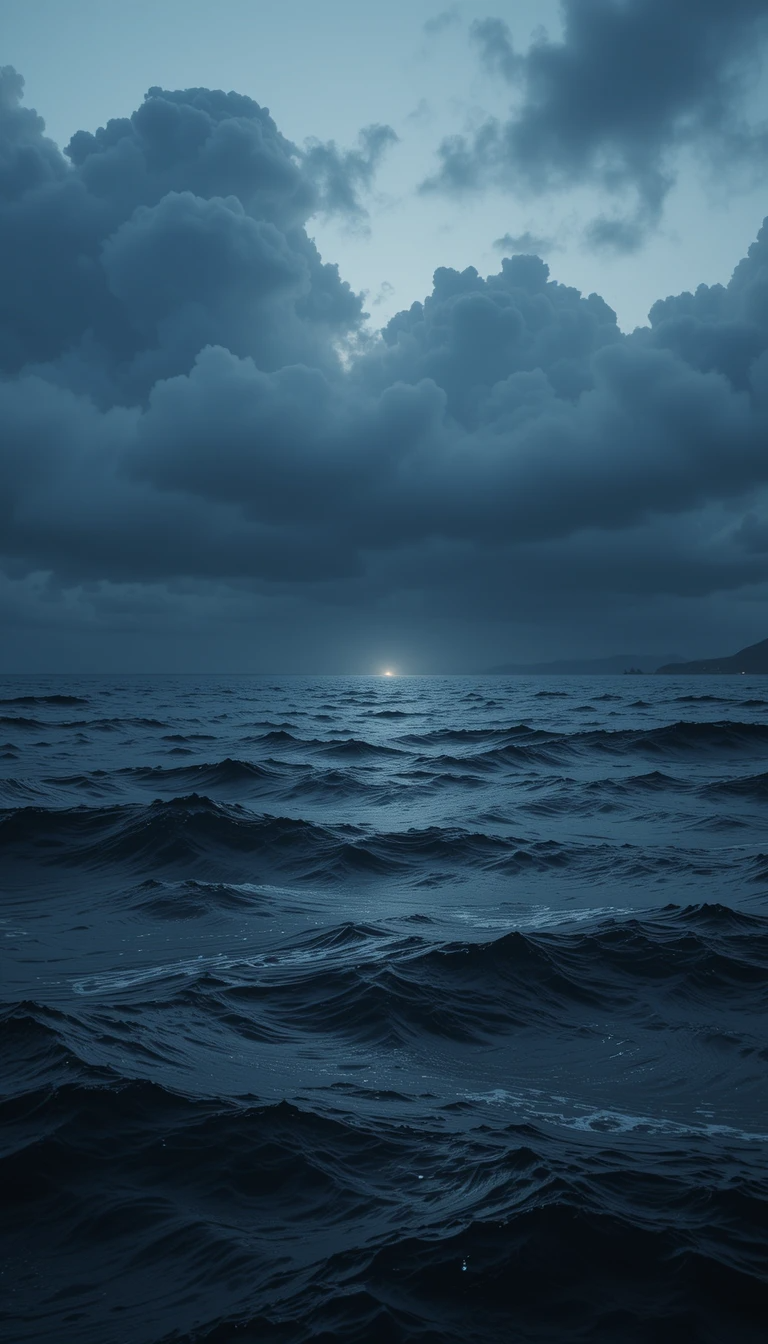深海暗調美學壁紙 壁紙 — 廣闊的黑暗海洋在暴風雲下，地平線上有遙遠發光的太陽。