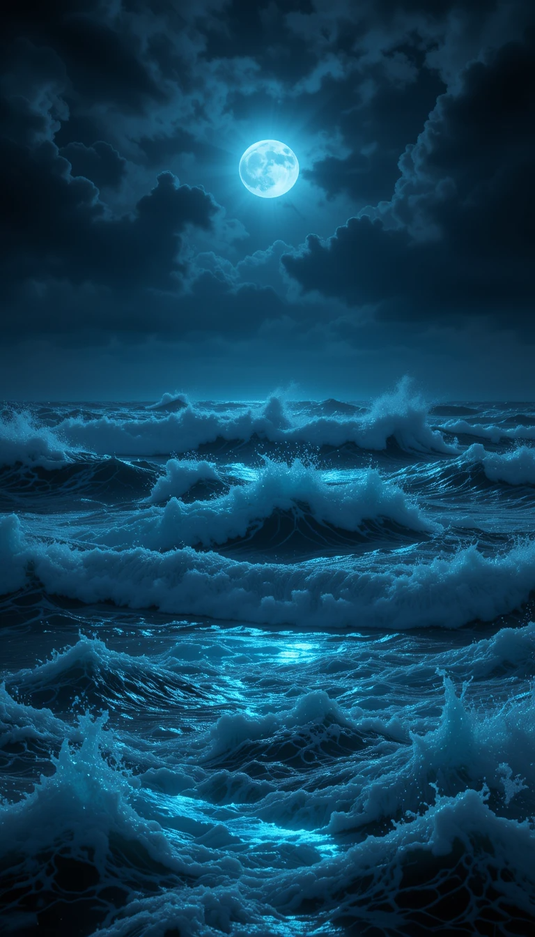 深海美學安卓壁紙 壁紙 — 滿月在烏雲中發光，照耀著波濤洶湧的大海，藍色的波浪拍打著。