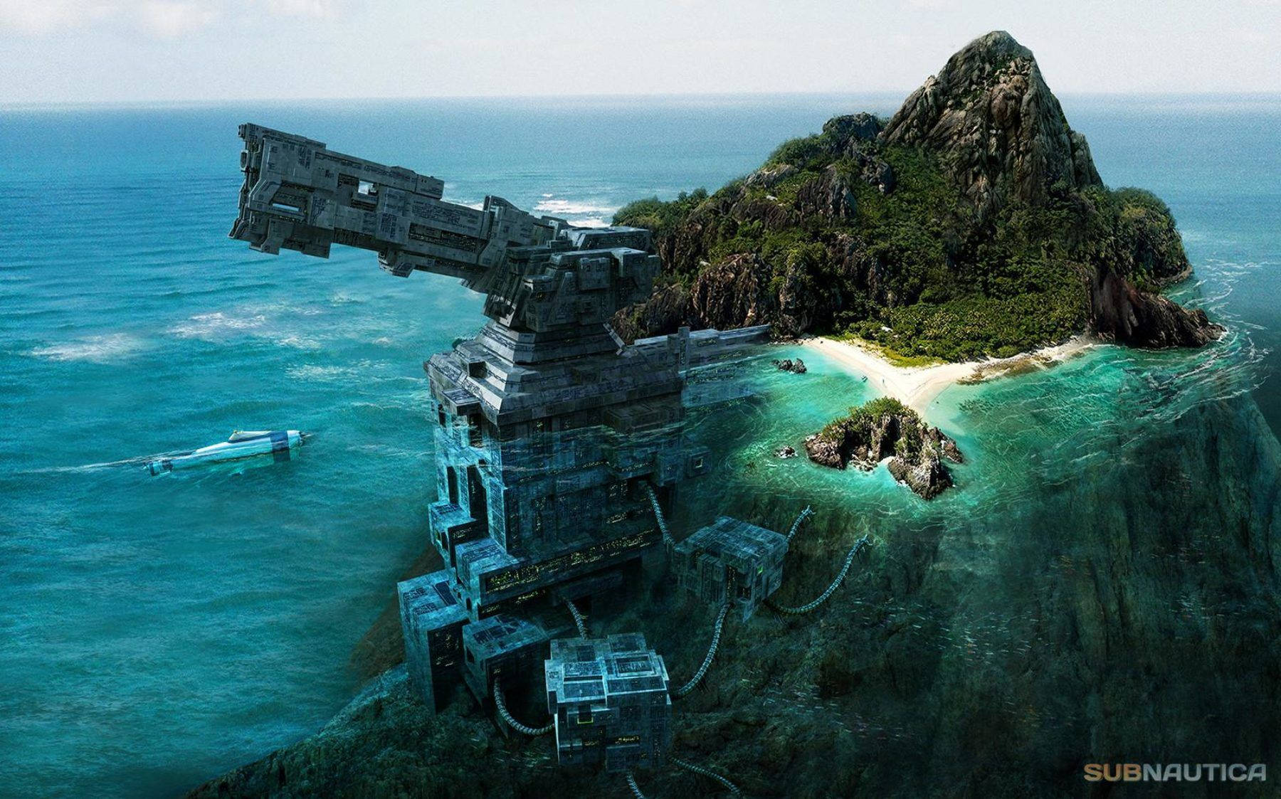 在擁有碧綠海水和白色沙灘的熱帶島嶼上的未來主義水下基地。
