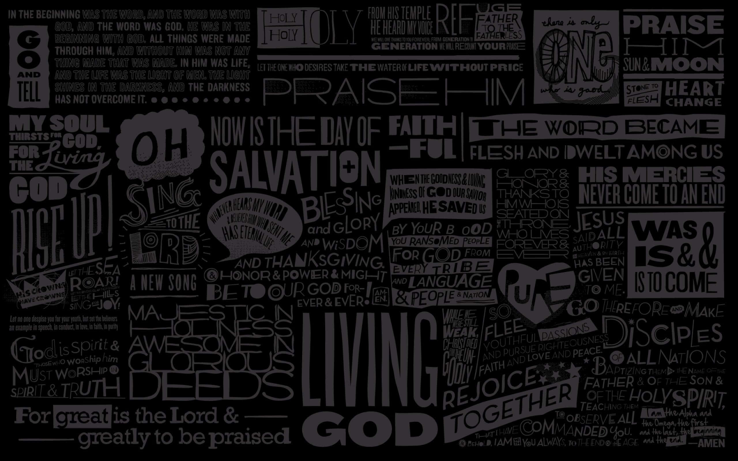 Gospel 桌布 壁紙 — 深灰色拼貼畫，包含多種字體的大膽宗教文字片段，營造出以崇拜為主題的牆壁藝術設計。