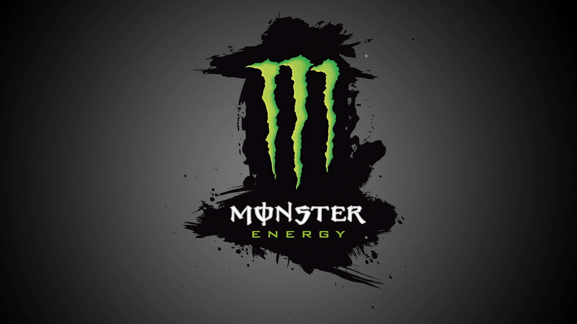 Monster Energy 桌布 壁紙 — 深灰色漸變背景上帶有黑色潑濺設計的鮮綠色Monster Energy標誌。