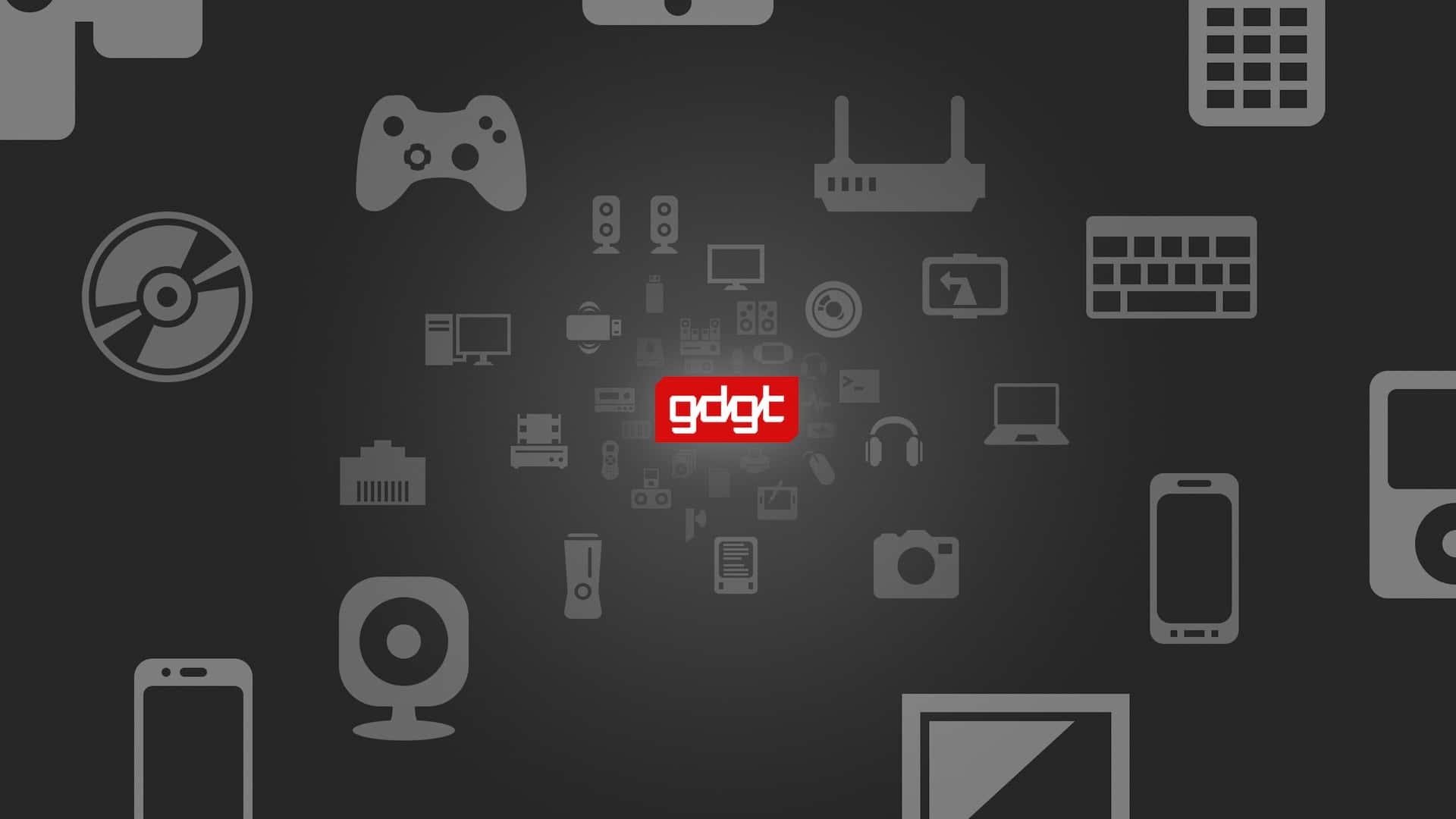 Website 桌布 壁紙 — 深灰色背景，充滿灰色科技圖標，從中央的紅色「gdgt」標誌向外輻射。