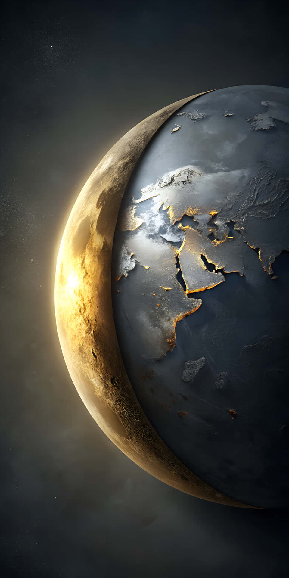 一個新月形行星，在太空中有發光的大陸和黑暗的海洋