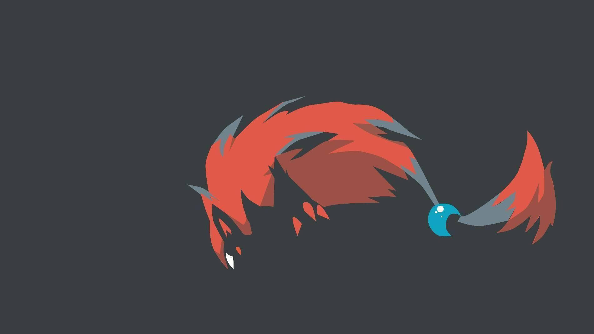 深灰色背景下的極簡 Zoroark 壁紙 — 一隻風格化的紅狐，帶有灰色點綴和尾巴尖端的藍色球體，靠在深灰色背景上。