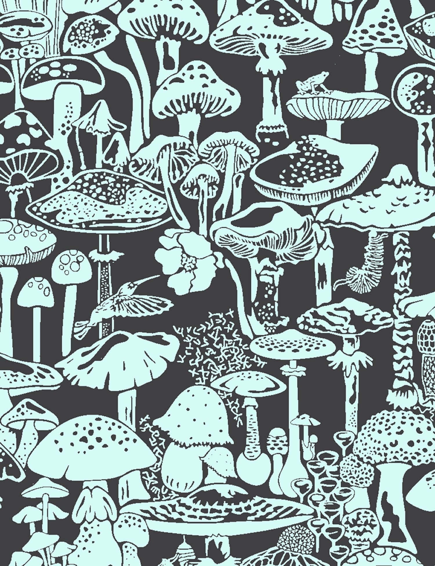 Trippy Mushroom 桌布 壁紙 — 深炭色背景上，薄荷綠的風格化蘑菇密集圖案，帶有一隻小青蛙和一隻蜂鳥。