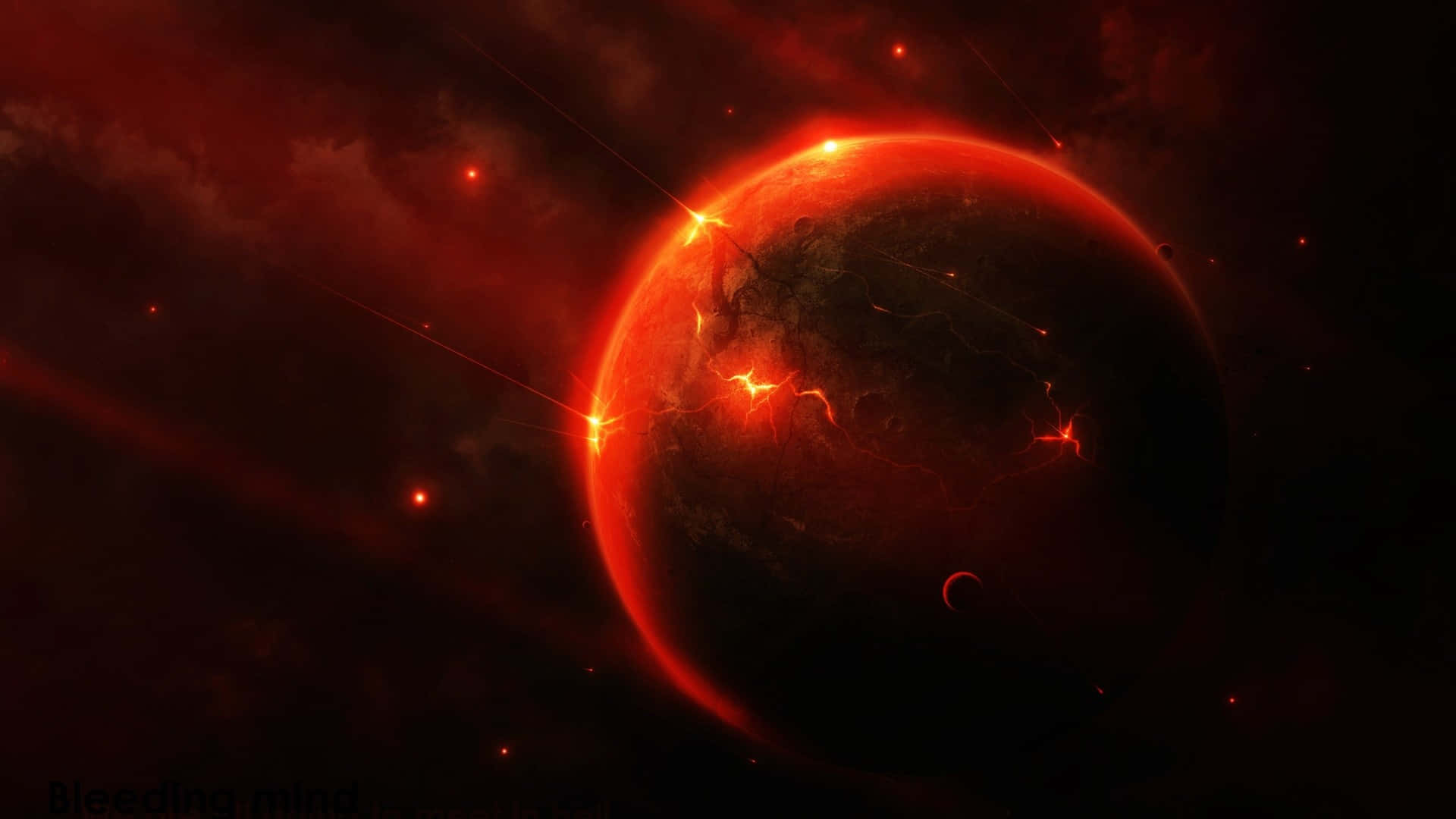 Red Space 桌布 壁紙 — 深空中一顆表面有發光裂縫的火紅行星，背景是黑暗星雲。