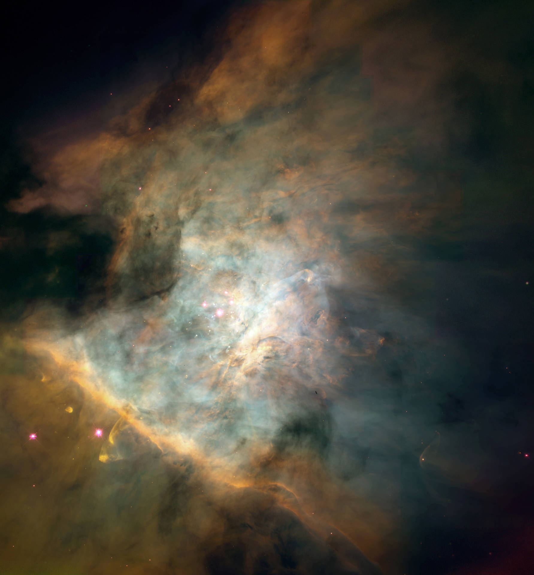 深空中發光的橙色和藍色星雲，帶有閃爍的星星。