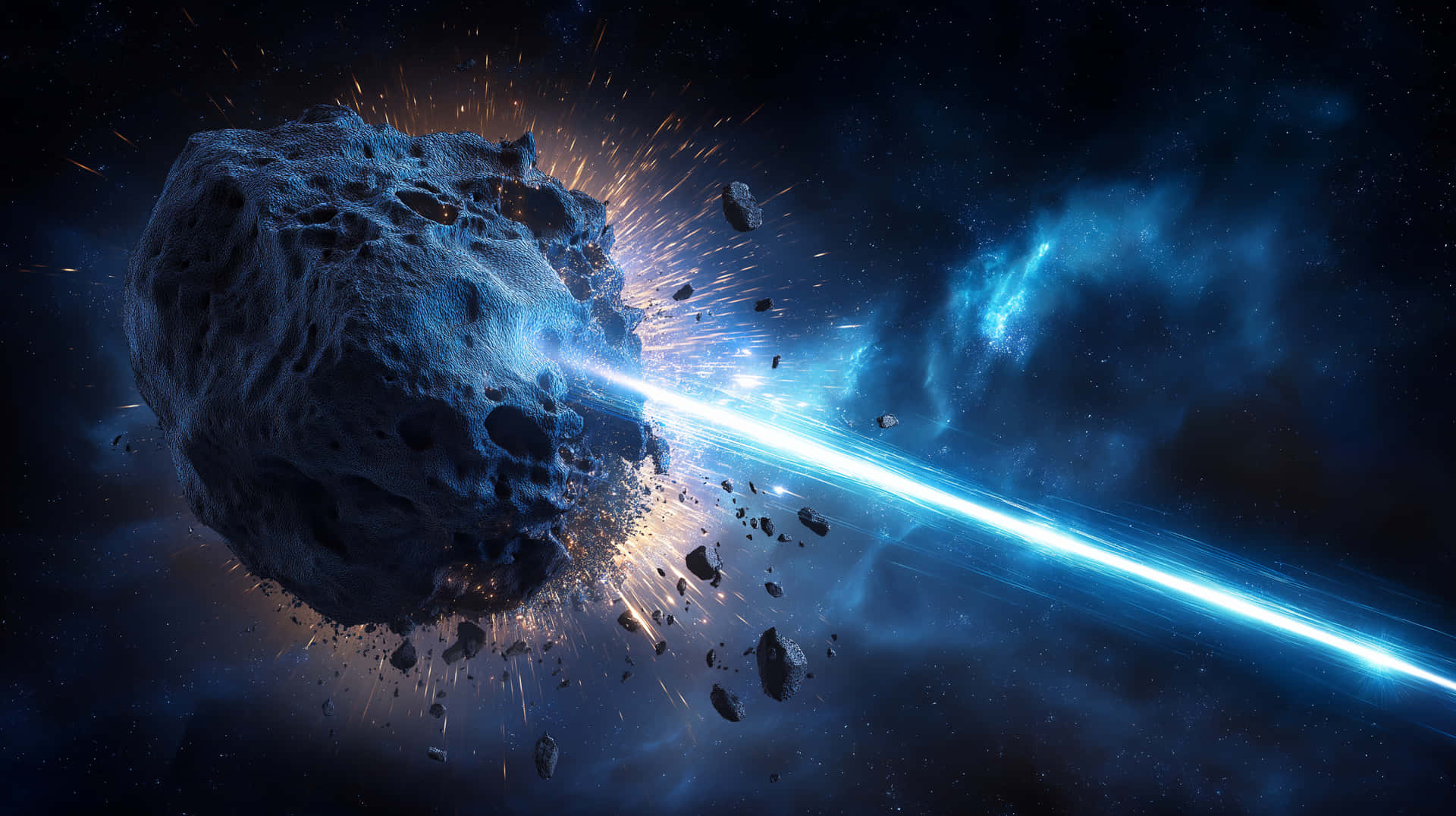 一顆巨大的小行星在太空中爆炸，一道明亮的藍色光束穿過它，散落碎片