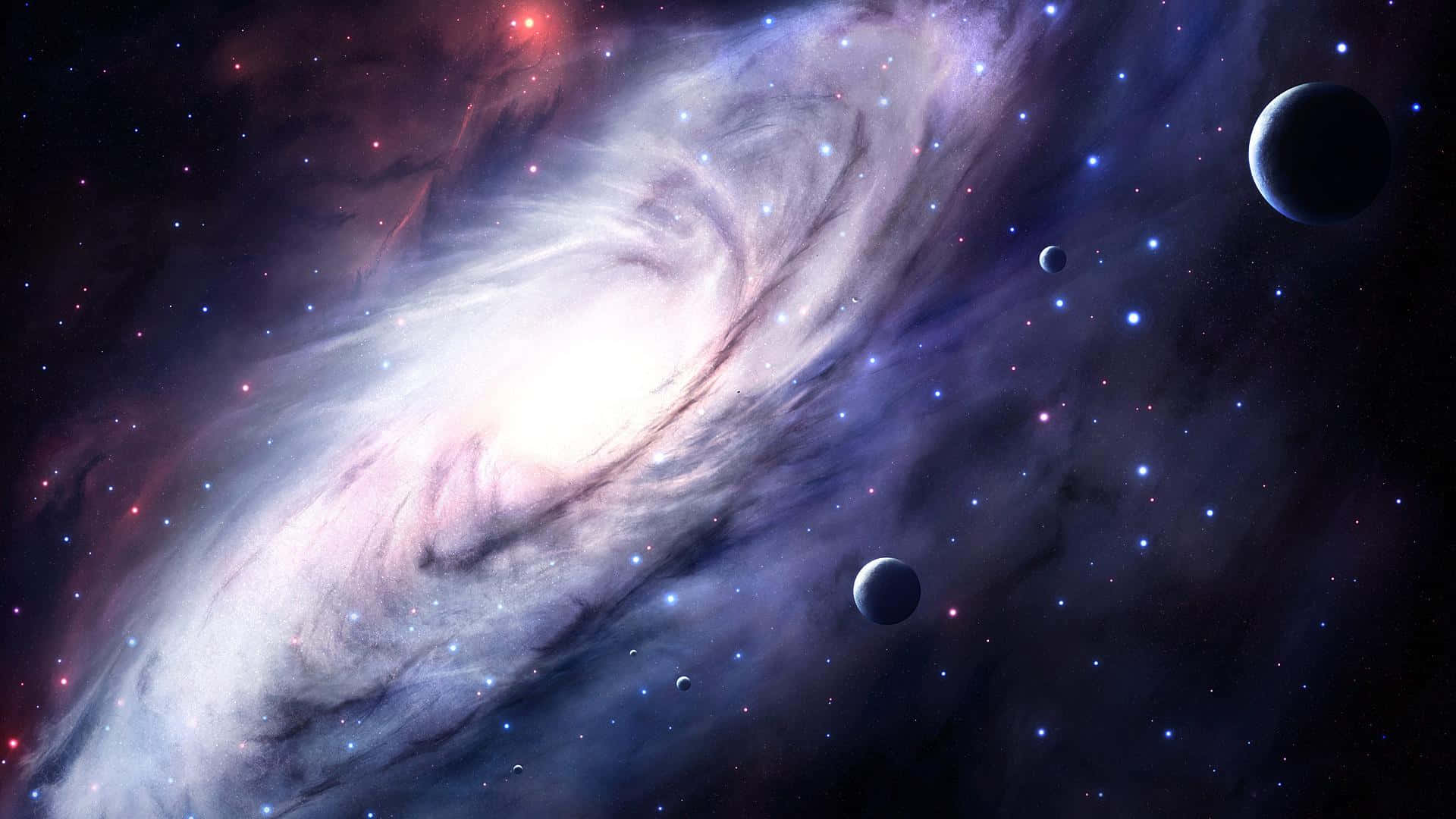 螺旋星系，帶有發光的旋臂和漂浮的行星，在深邃的太空中。