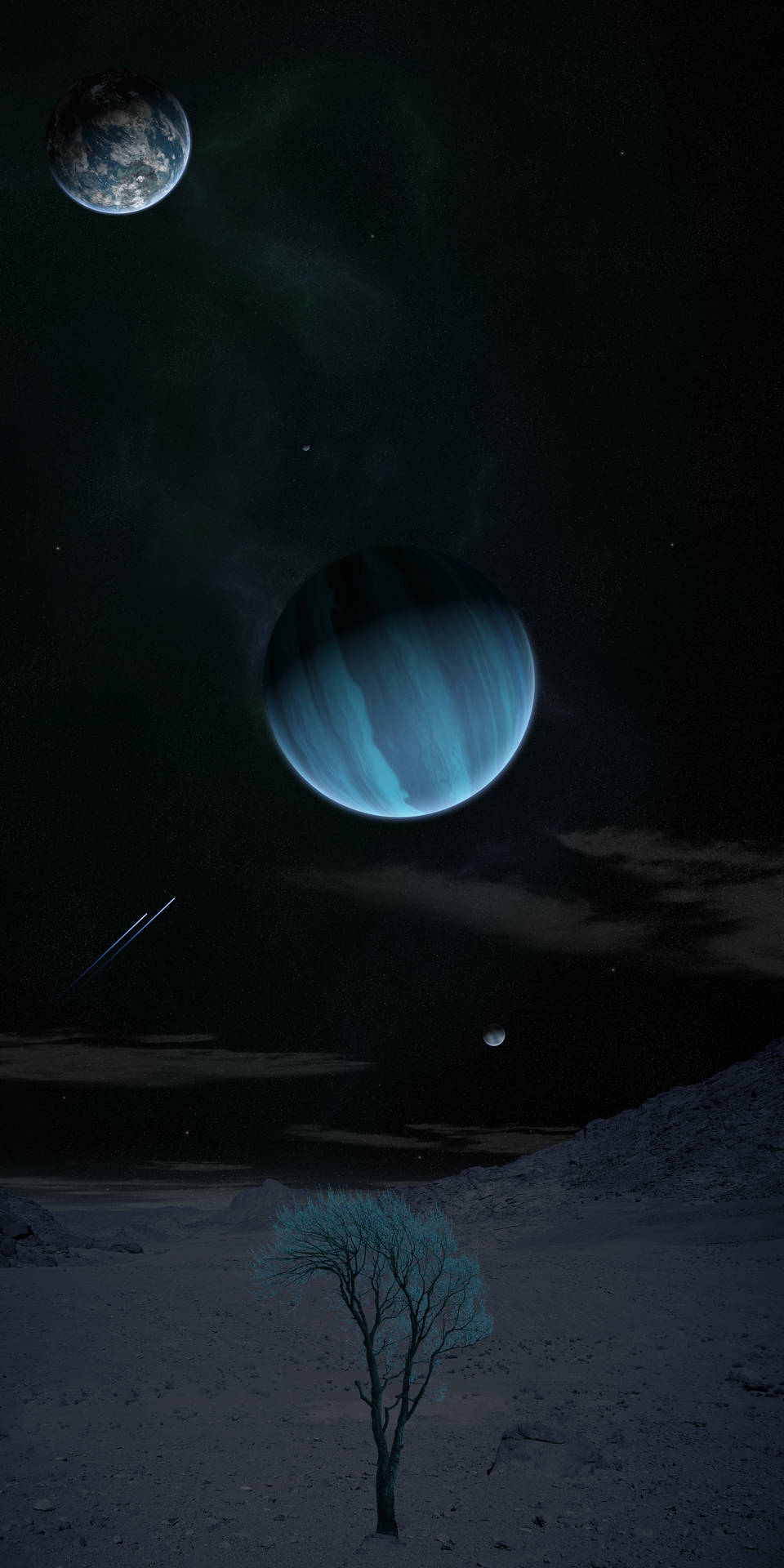 外星行星上的一棵孤樹，天空中有兩顆行星和一顆流星。