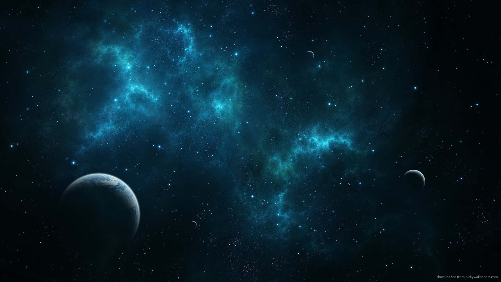 深空中的青綠色星雲與行星，點綴著星星