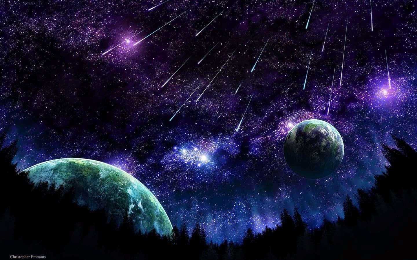 深空多元宇宙圖像 壁紙 — 一個帶有紫色星雲和流星的宇宙夜空，拱形籠罩著剪影森林樹木，框住兩顆發光的行星。