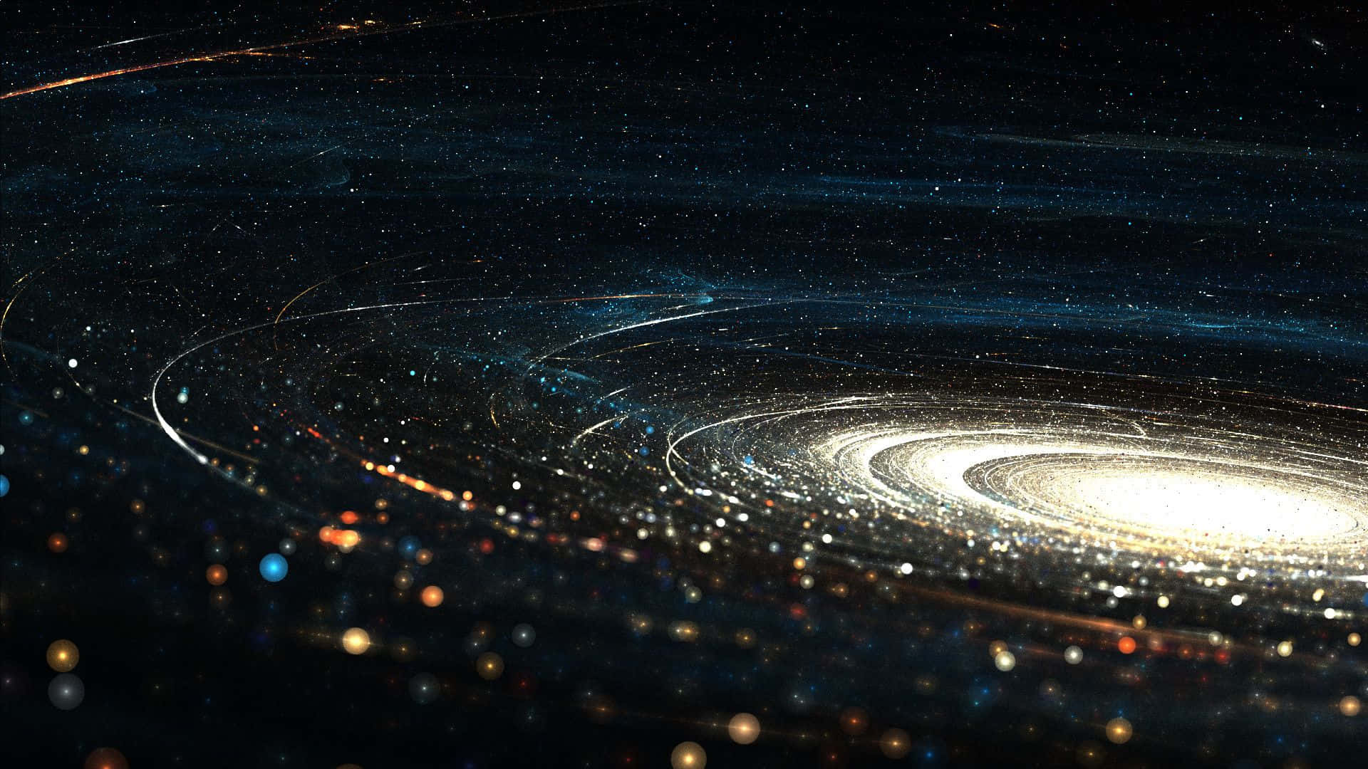 深空星系側視圖像 壁紙 — 一個令人屏息的螺旋星系，在深邃的黑色虛空中旋轉，閃爍著恆星和宇宙塵埃。
