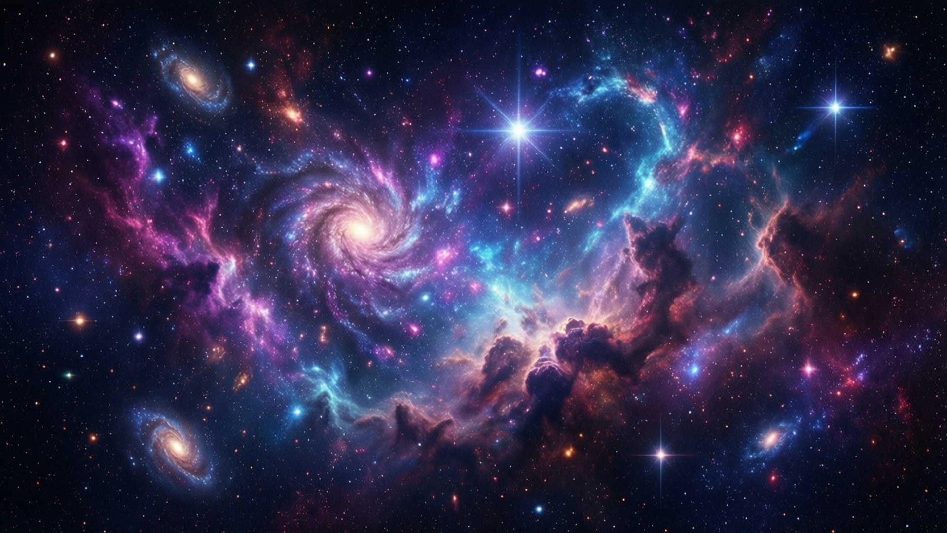 深空星雲 壁紙 — 一個充滿活力的宇宙場景，有旋轉的星系和發光的星雲，呈現鮮豔的紫色、藍色和粉紅色，背景是繁星點點的黑色虛空。