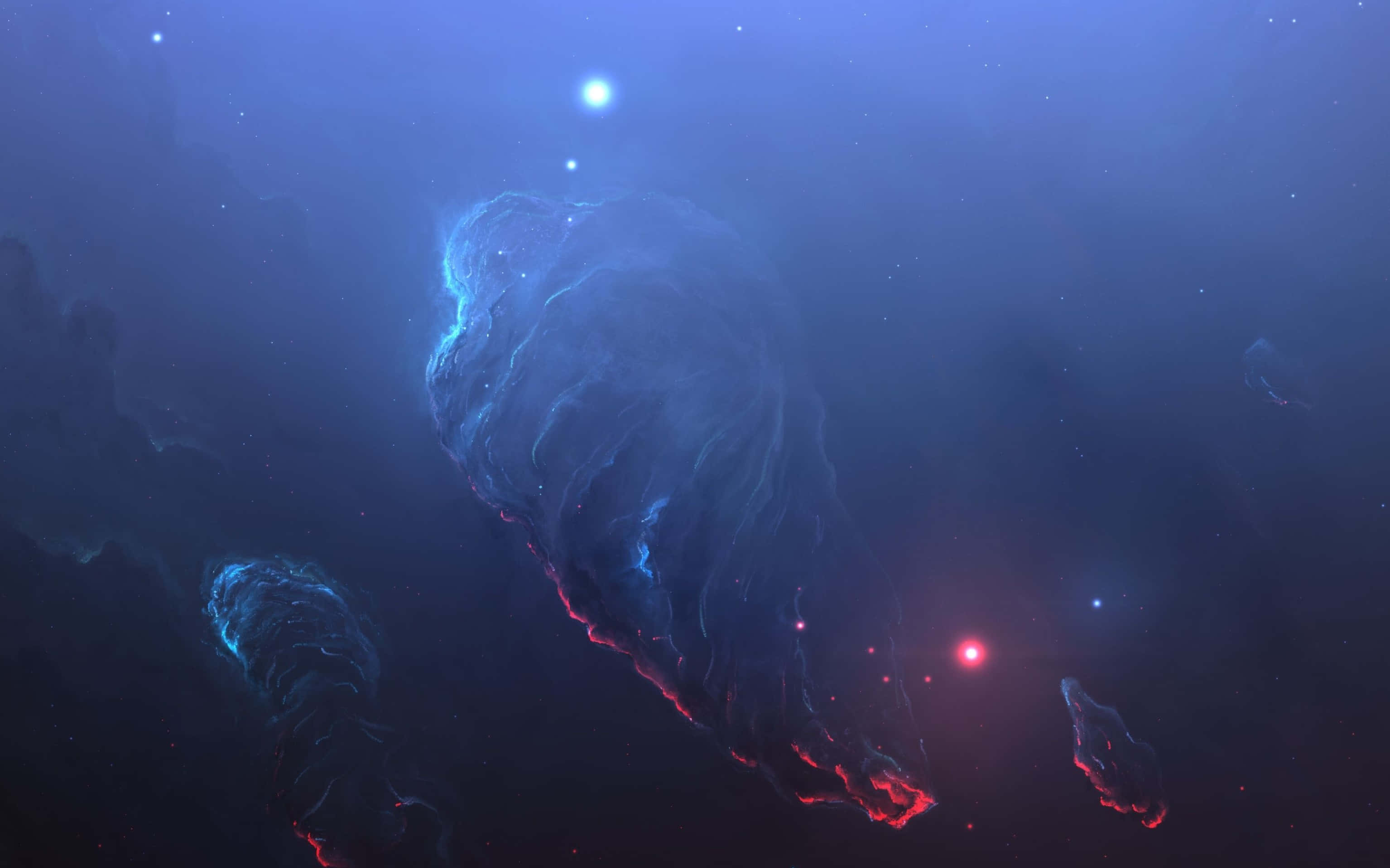 深空星雲與星辰的壯麗背景 壁紙 — 一個宇宙星雲在佈滿星星的黑暗虛空中發出電藍色和火紅色的卷鬚光芒。