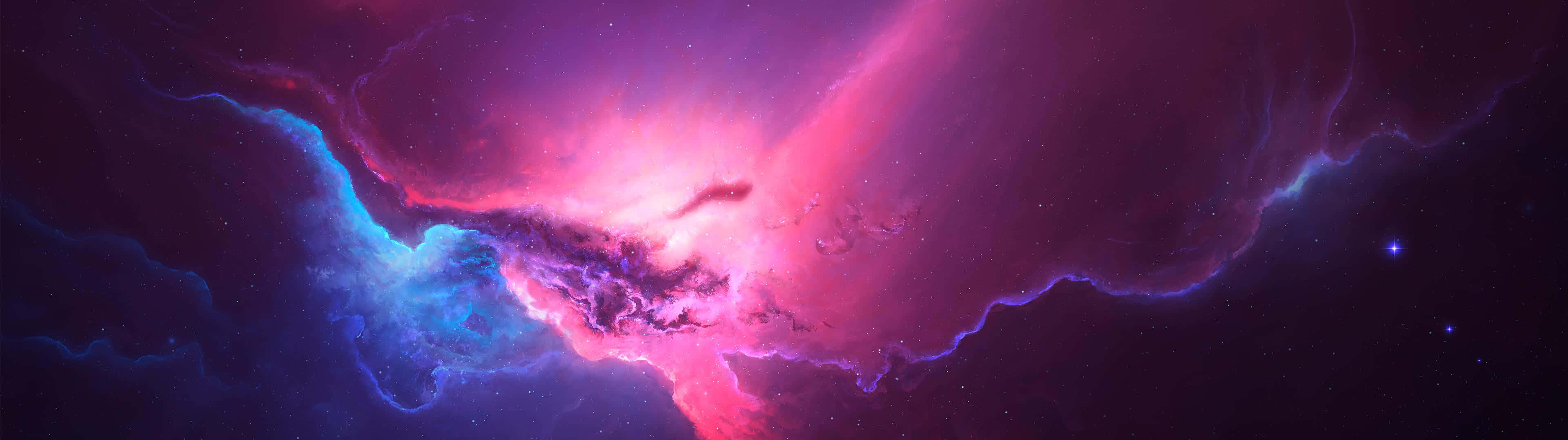 深空的迷人景象 壁紙 — 充滿活力的宇宙星雲在星光虛空中以電光粉紅和深藍色旋轉。