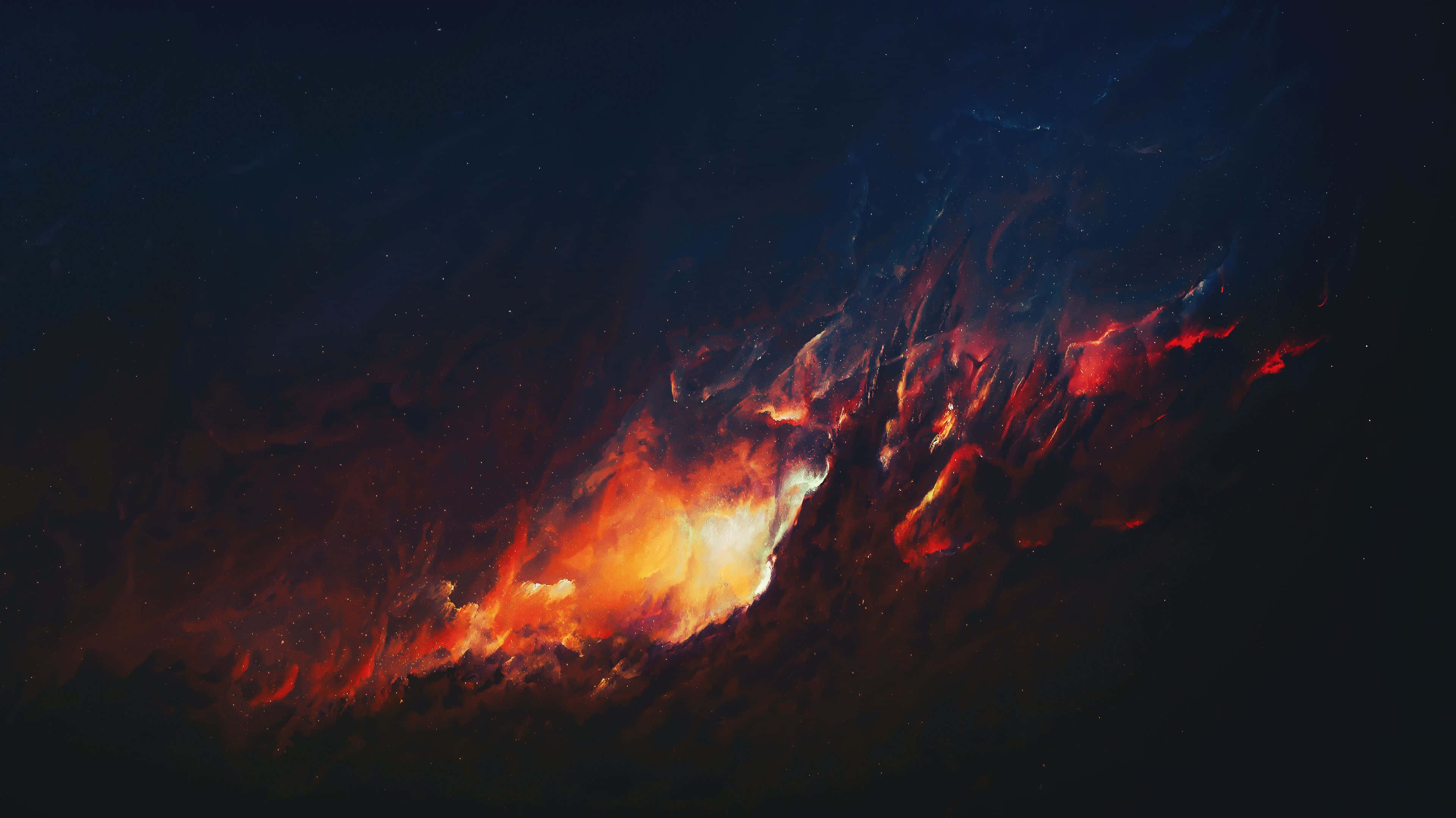 深空紅色星雲圖像 壁紙 — 熾熱的宇宙星雲在黑暗星空背景下散發著橙色和紅色的光芒。