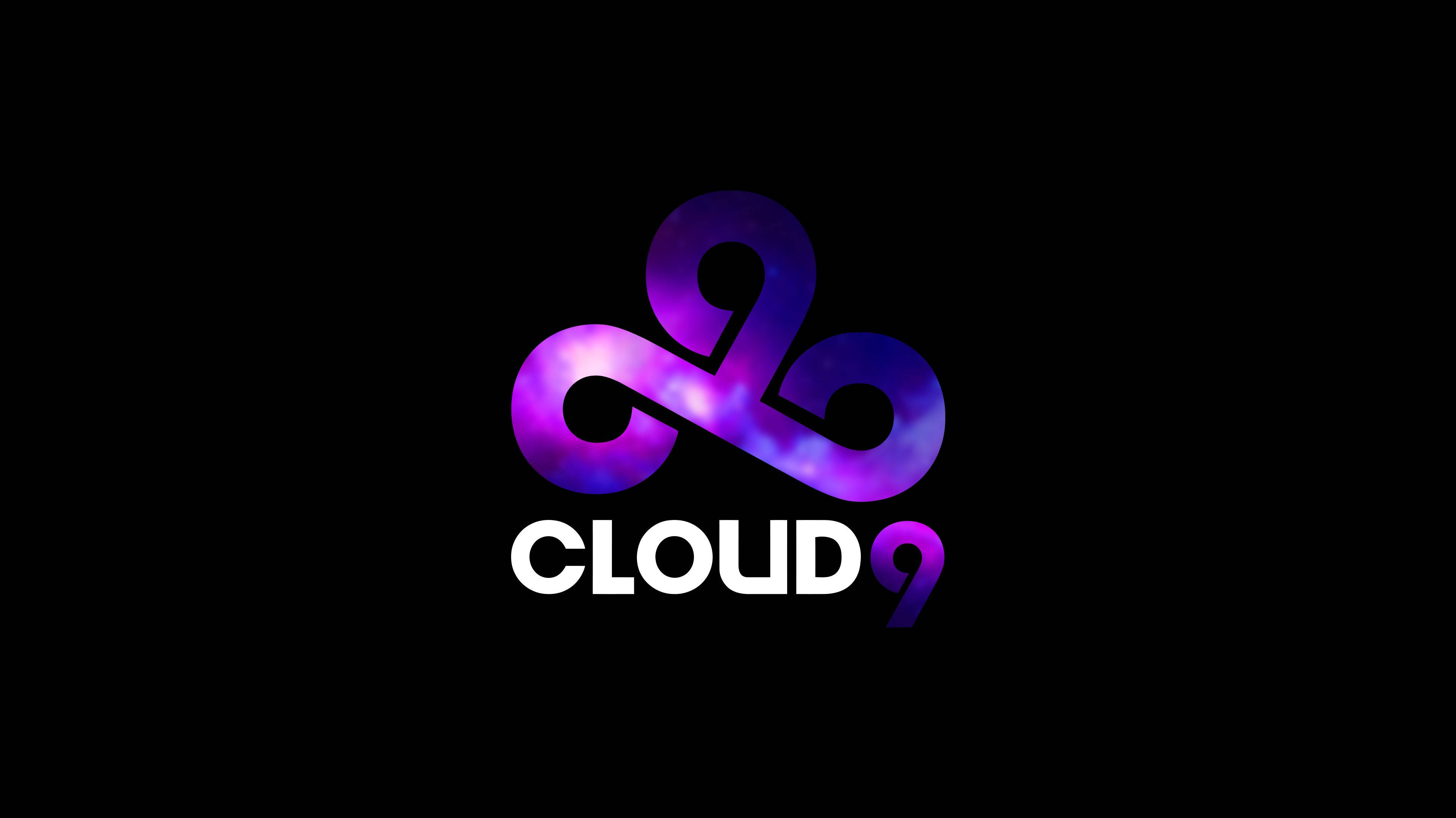 深空紫粉Cloud9標誌 壁紙 — 一個發光紫色和藍色的無限符號標誌，帶有 'CLOUD 9' 文字，背景為黑色。