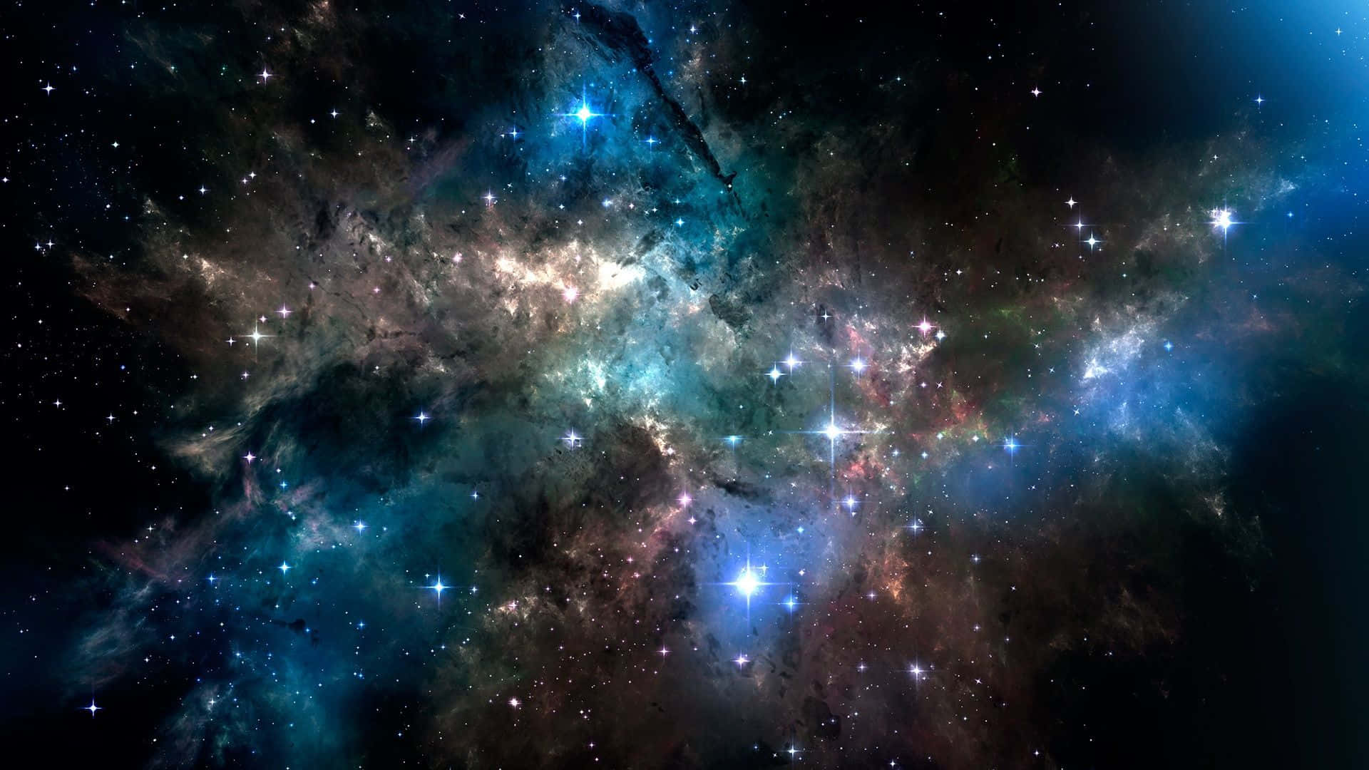 深空藍黃氣體星雲圖 壁紙 — 一個令人嘆為觀止的宇宙星雲，在佈滿星辰的黑色虛空中，以鮮豔的藍色和火熱的橙色旋轉。