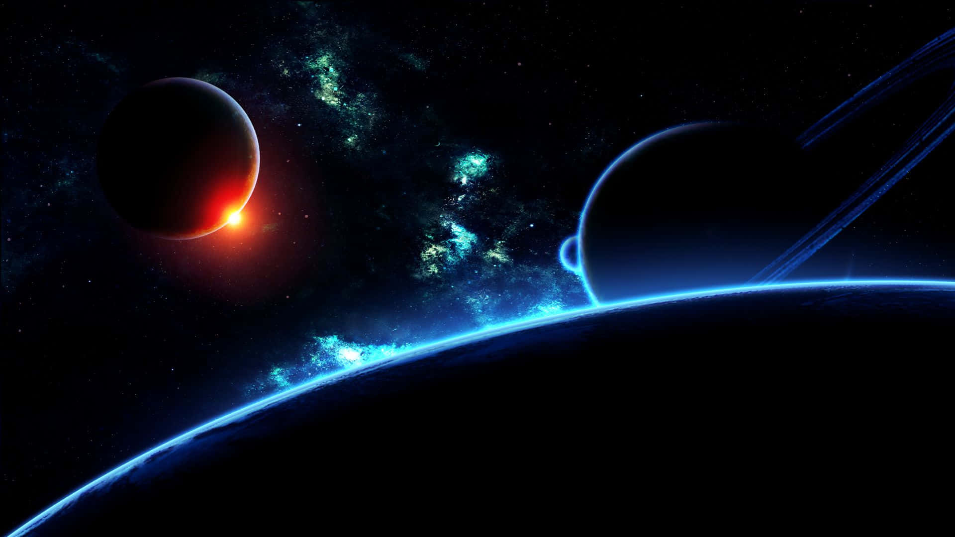 深空行星圖像 壁紙 — 一個宇宙景觀，特徵是一顆發光的紅色恆星被一顆帶有藍色發光地平線的行星和遠處一顆帶環行星所掩食。