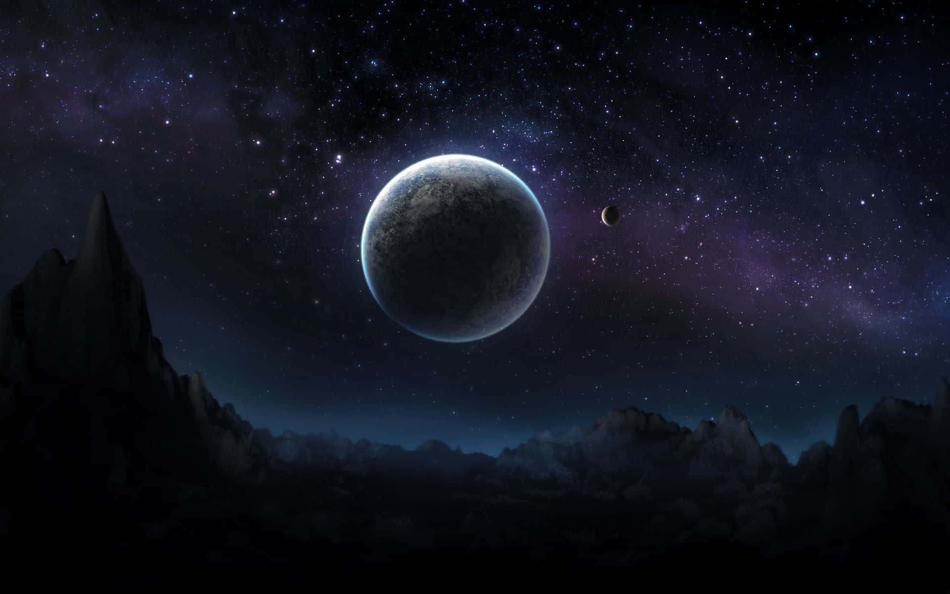 繁星點點的宇宙天空下，鋸齒狀的外星山脈與兩輪月亮
